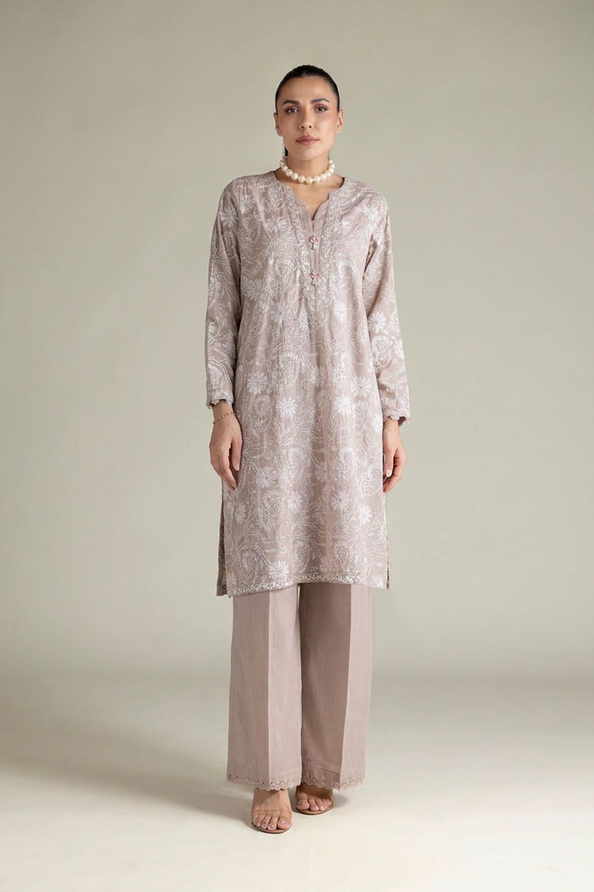 Embroidered Textured Cotton Tailored 2 Piece | Top and Bottom - T-A22-26-207FE2-VG