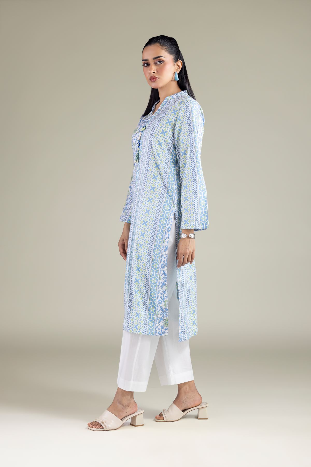 Printed Cambric Geometric Band-Collar Kurta - 1-26-119-A-F-VG