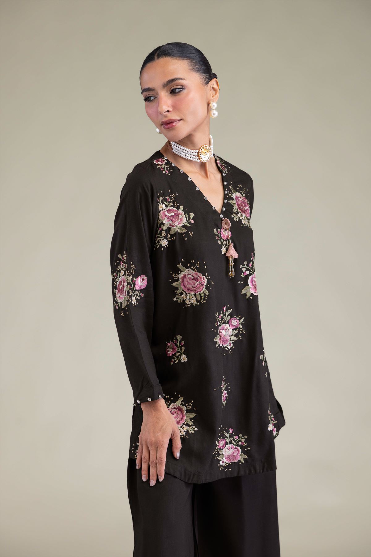 Embroidered Raw Silk Black Floral Kurta - 2-26-202-A-B-VG