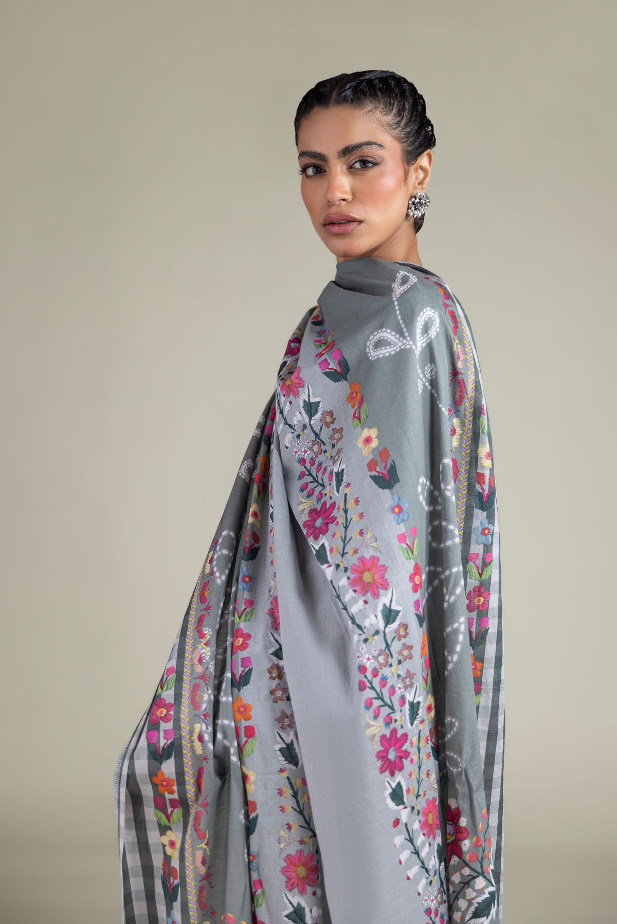 Embroidered Textured Cotton Floral Dupatta - 1-26-115-C-E-VG