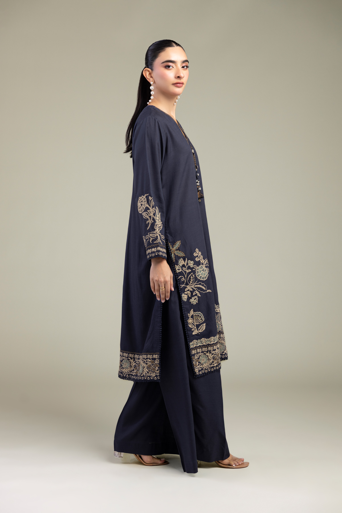 Embroidered Raw Silk Floral Navy Kurta - 1-26-309-B-D1-VG