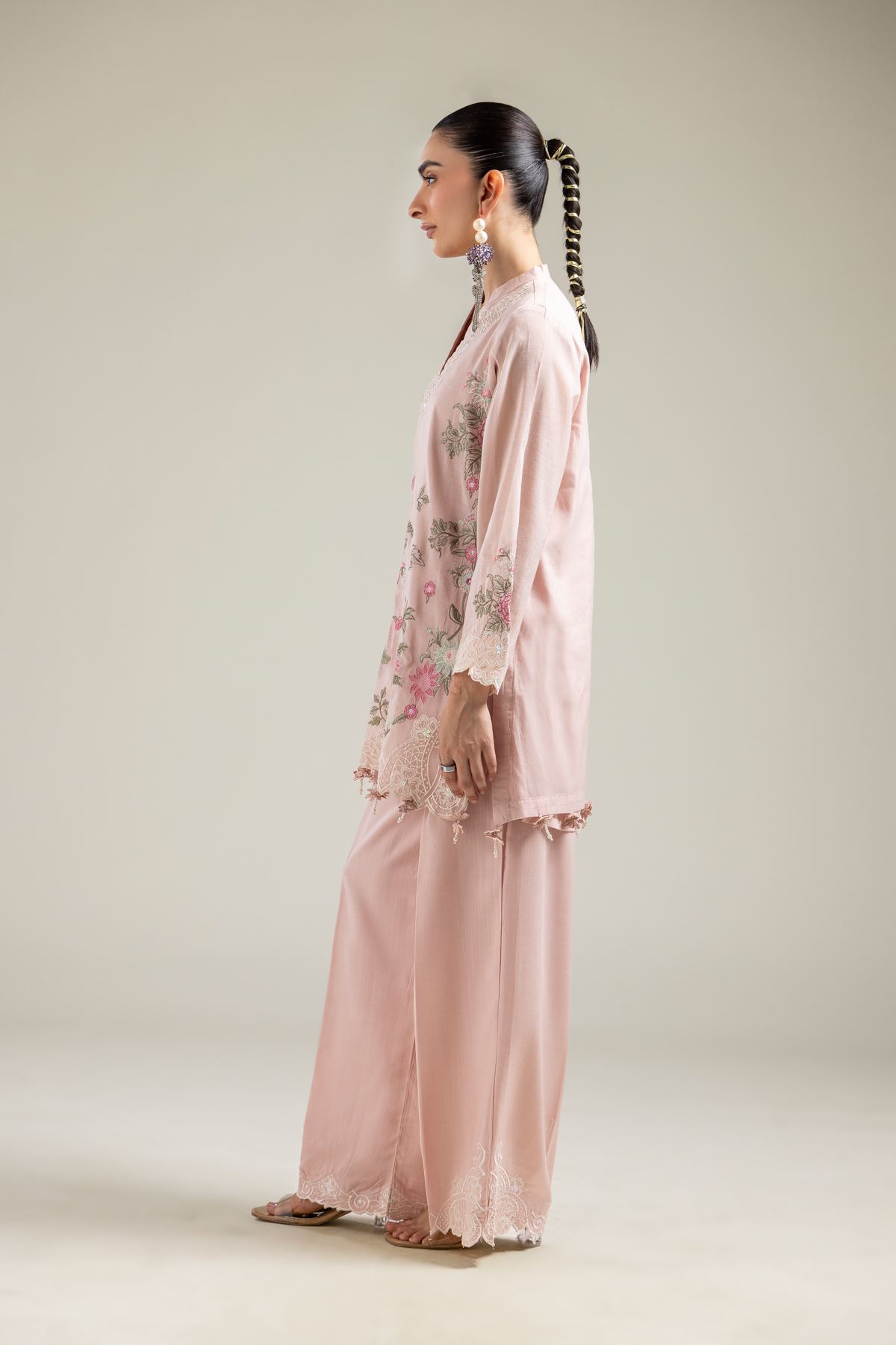 Raw Silk Floral Pink Pants - 2-26-109-A-B-VG