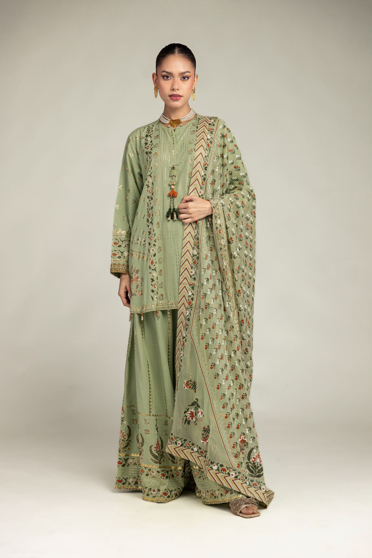 Embroidered Raw Silk 3 Piece Co-ord Set - 1-26-203-A-H1-VG