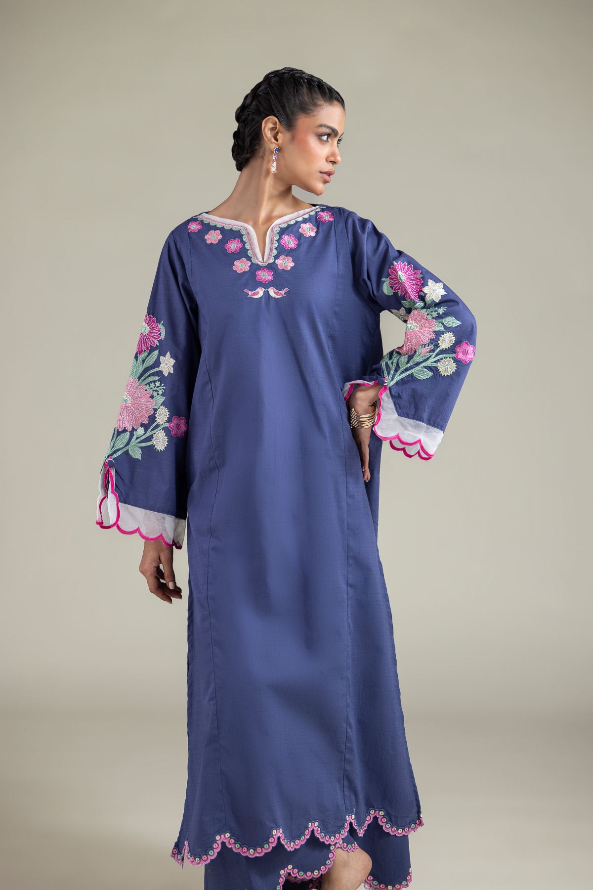 Embroidered Textured Cotton Floral Longline Kurta - 25-09-10E2-06TA-VG