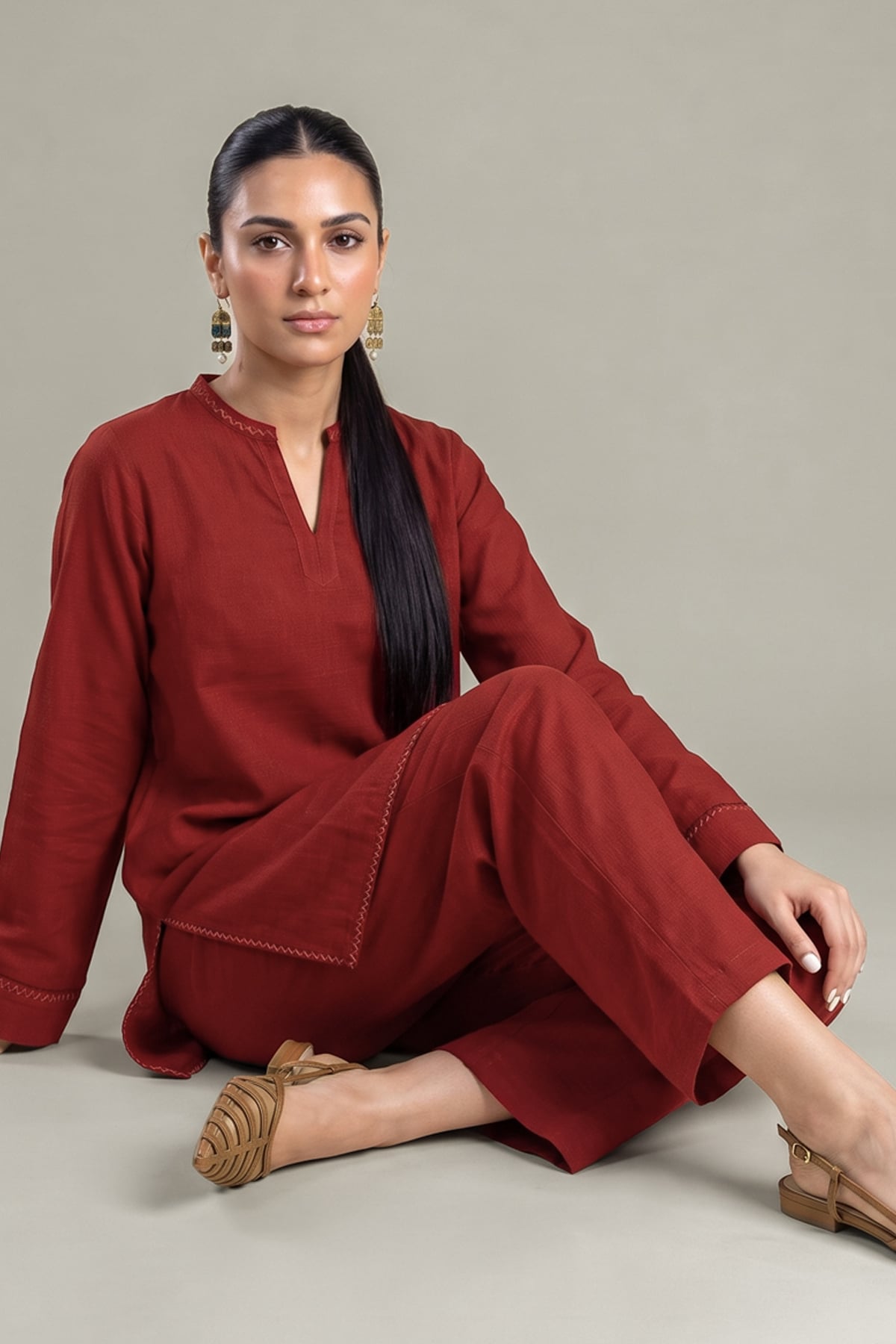 Dyed Crepe Rust V-Neck Tunic - 1-26-408-A-A1-VG