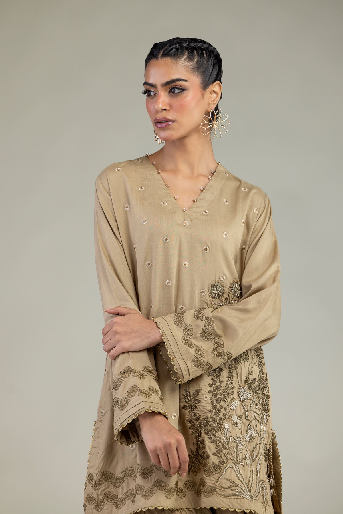 Embroidered Raw Silk Floral V-Neck Kurta - 2-26-203-A-F1-VG