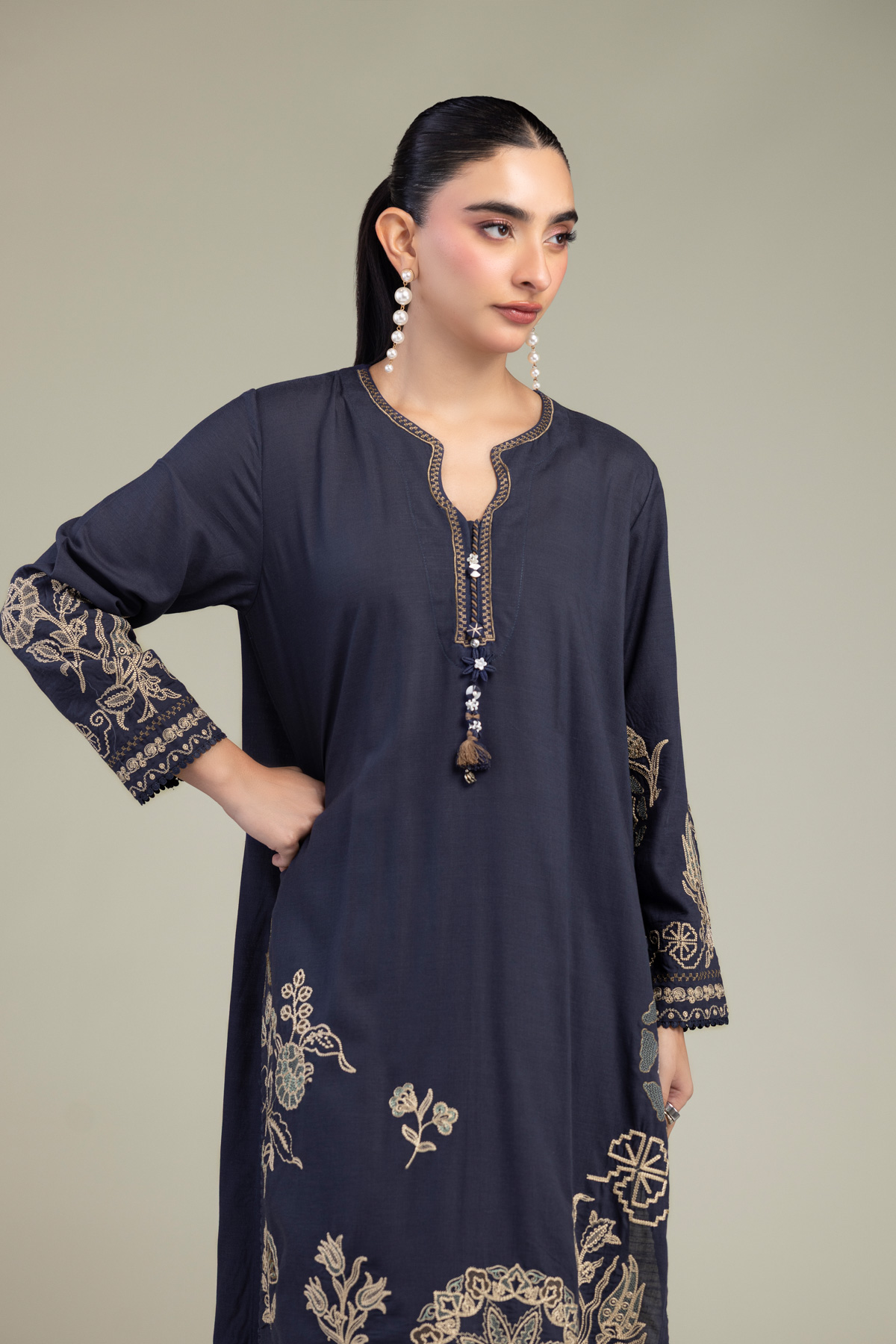 Embroidered Raw Silk Floral Navy Kurta - 1-26-309-B-D1-VG