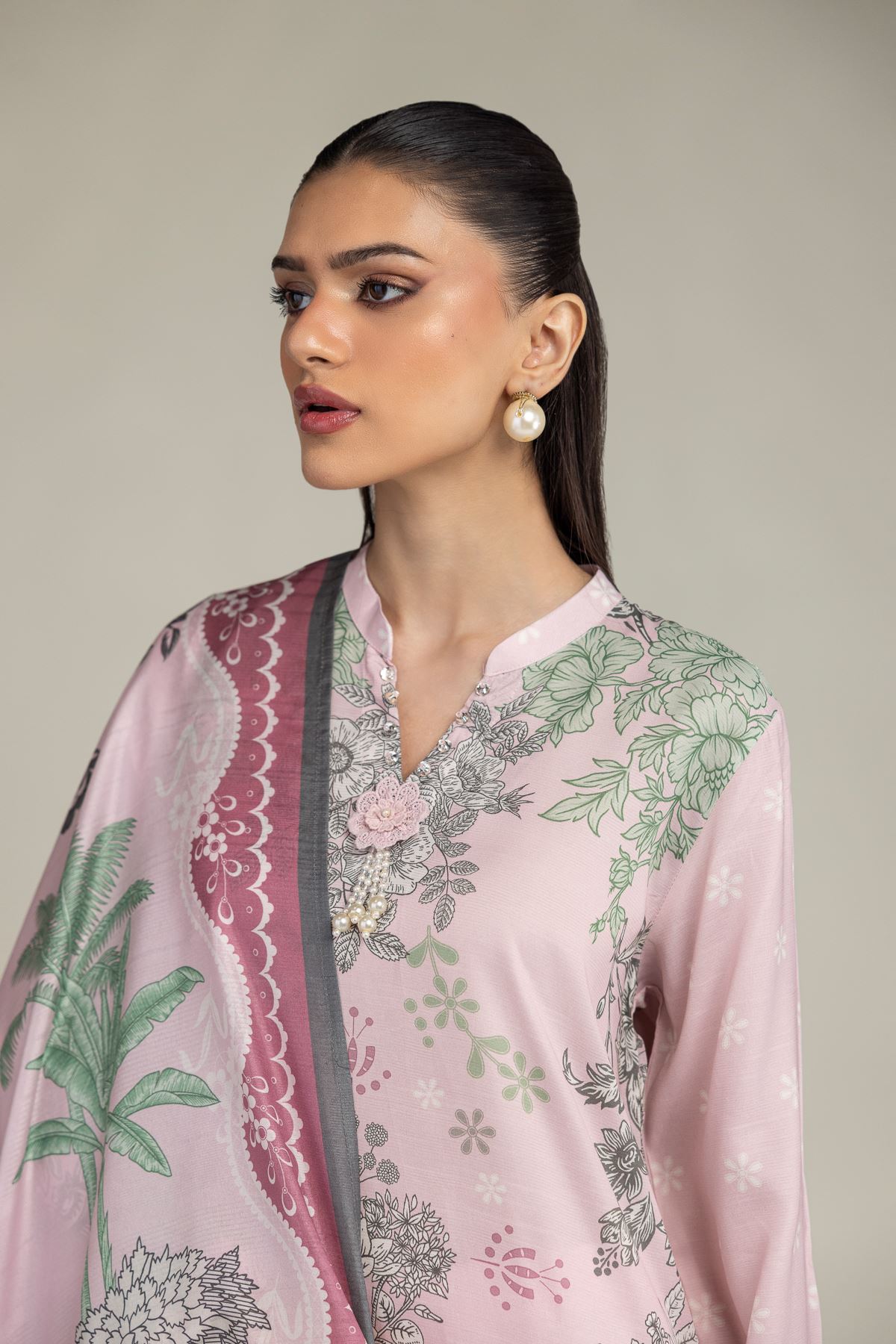 Embroidered Polyester Silk Floral Pink Dupatta - 2-26-208-A-F1-VG
