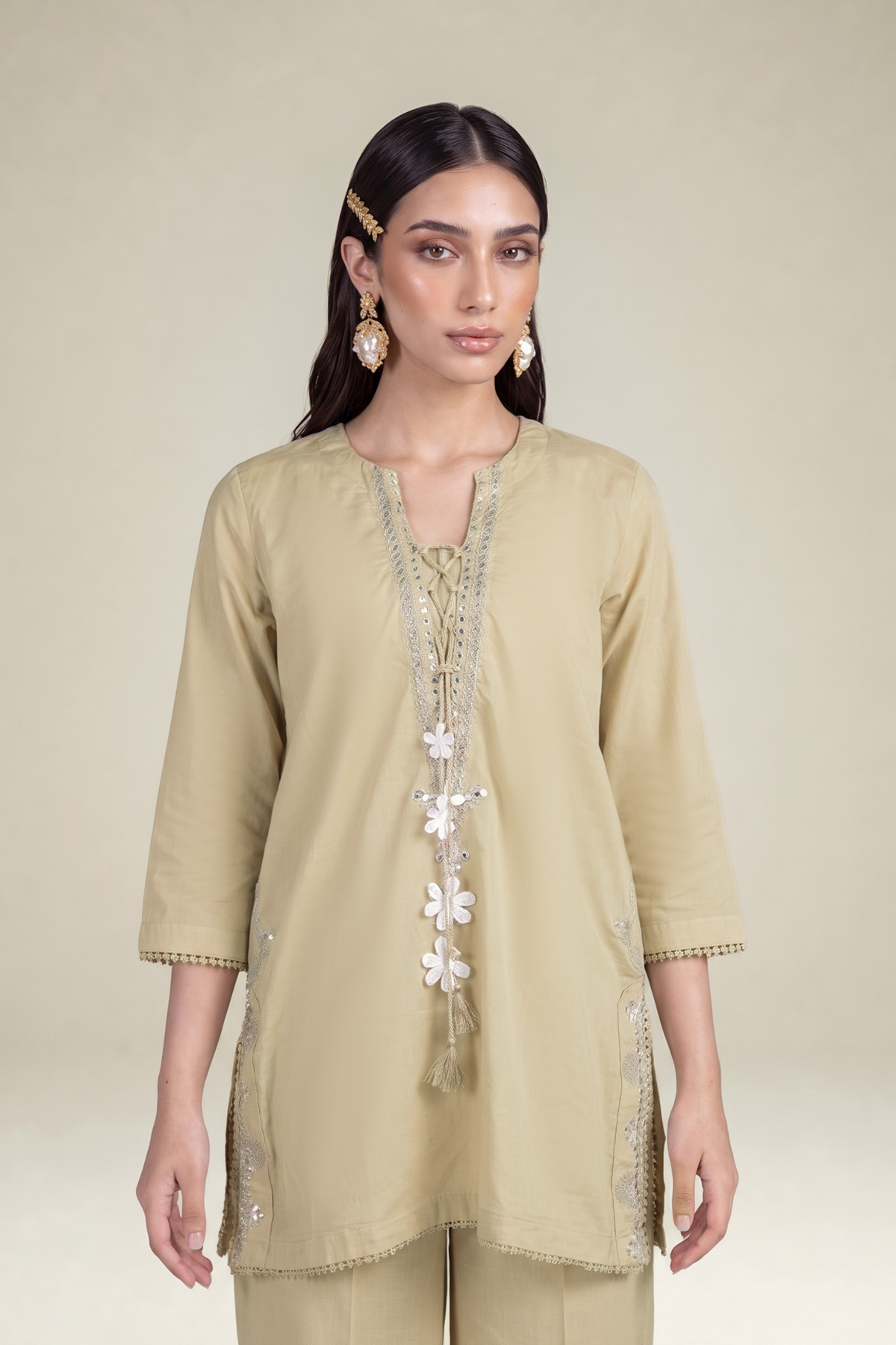 Embroidered Cambric Beige Cambric Kurta - 1-26-102-A-F-VG