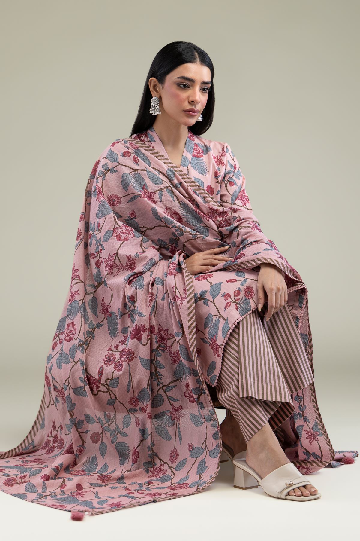 Printed Lawn Floral Pink Dupatta - 25-10-11E8-08TA-VG