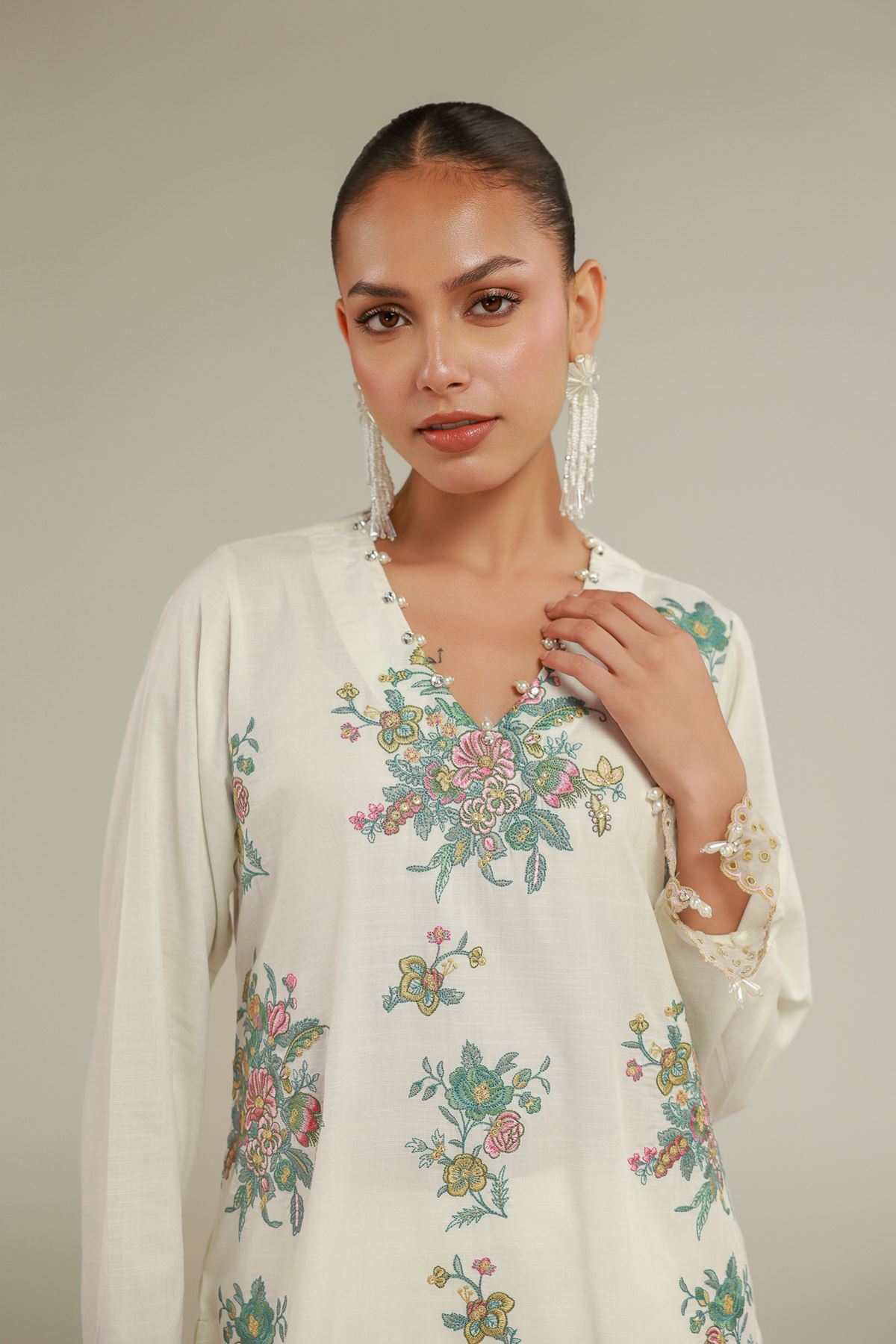 Embroidered Raw Silk Floral V-Neck Kurta - 1-26-146-A-D-VG