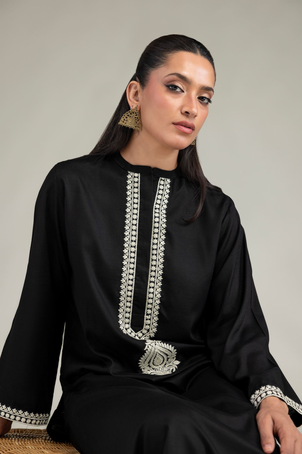 Dyed Raw Silk Black Longline Kurta - 8-26-303-A-C1-VG