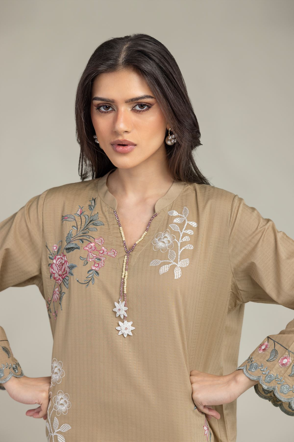 Embroidered Cotton Dobby Floral V-Neck Kurta - 1-26-245-A-J1-VG