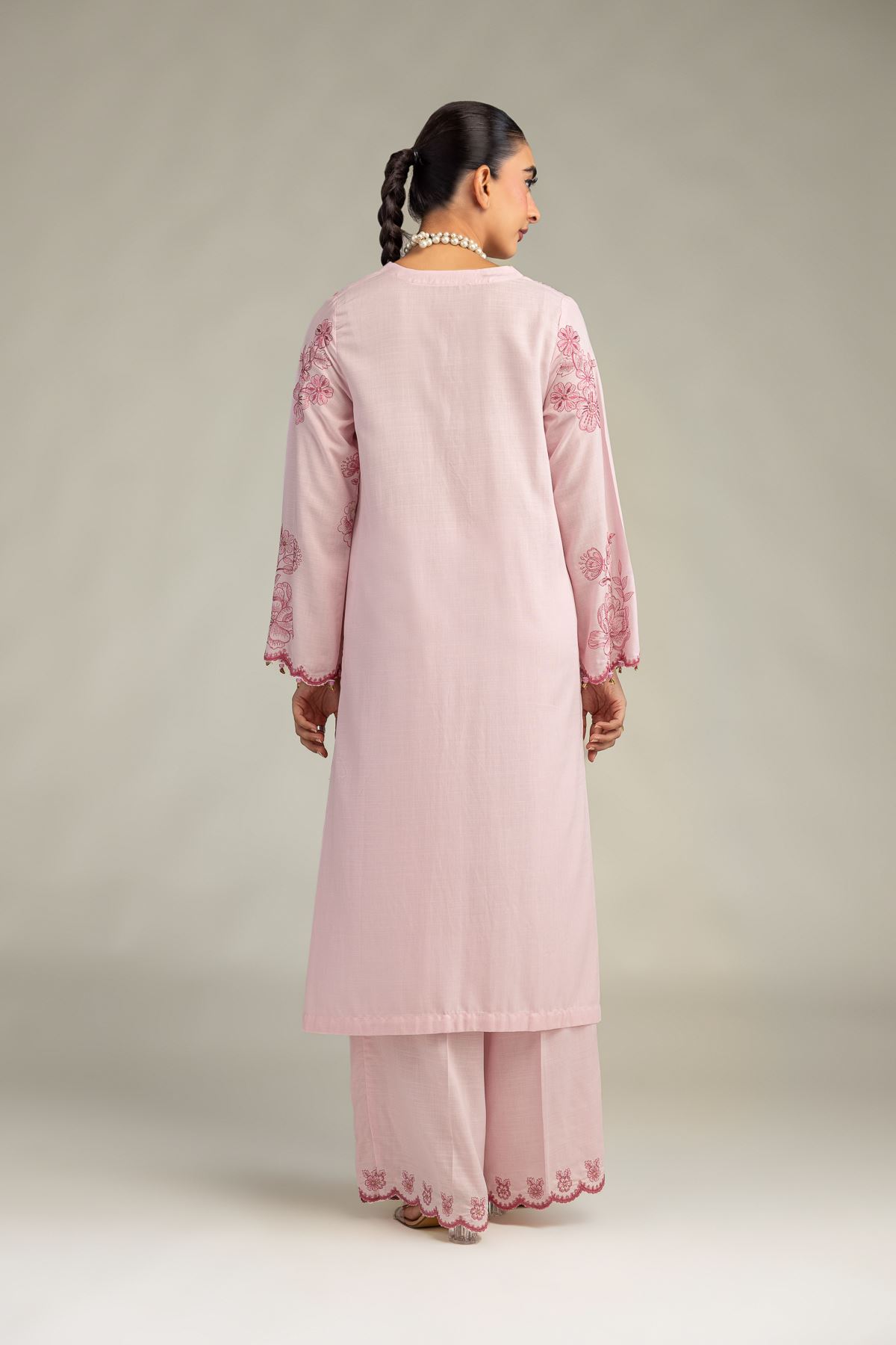 Embroidered Raw Silk Pink Longline Kurta - 1-26-322-B-A1-VG