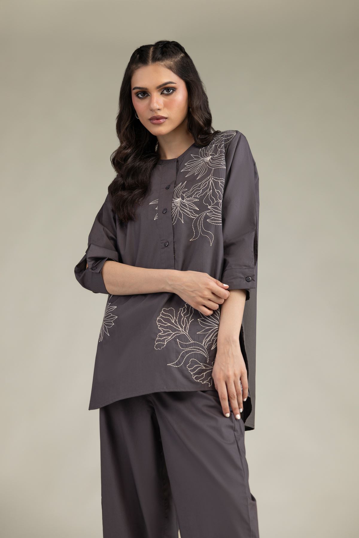 Embroidered Poplin Gray Poplin Shirt - B1-2-26-106-A-C-VG