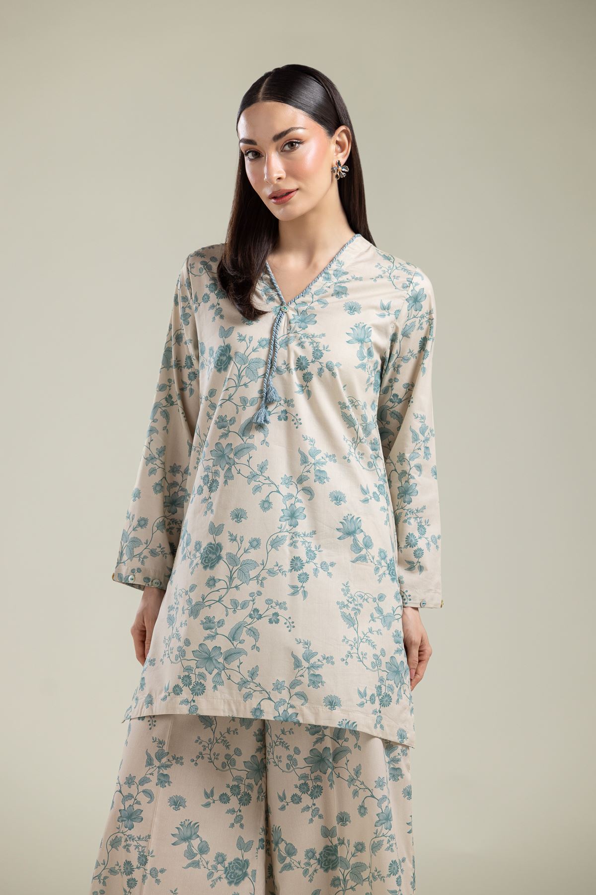 Printed Cotton Viscose Floral V-Neck Kurta - 1-26-204-A-F1-VG