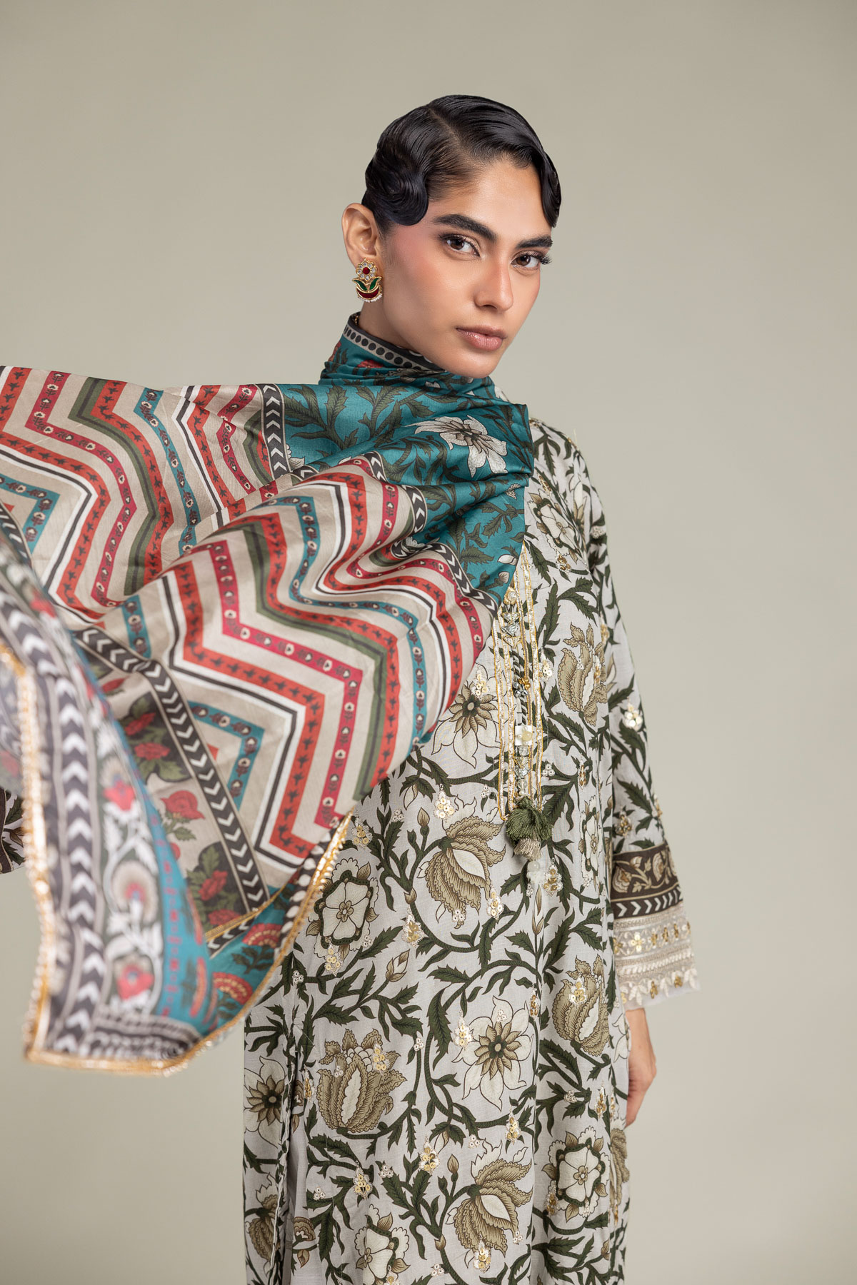 Embroidered Polyester Silk Floral Teal Dupatta - 2-26-308-A-G1-VG