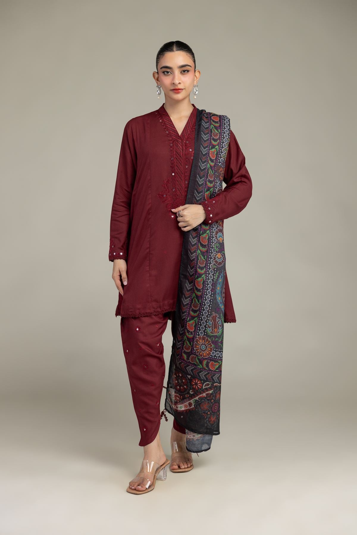 Embroidered Raw Silk Maroon V-Neck Kurta - 1-26-225-A-C1-VG