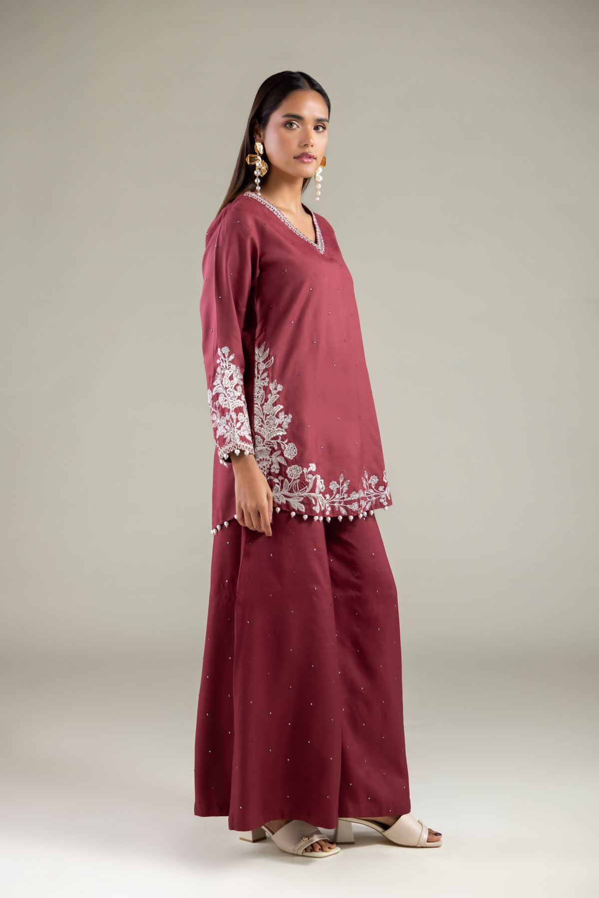 Embroidered Raw Silk Floral Pearl Kurta - 1-26-250-B-H1-VG