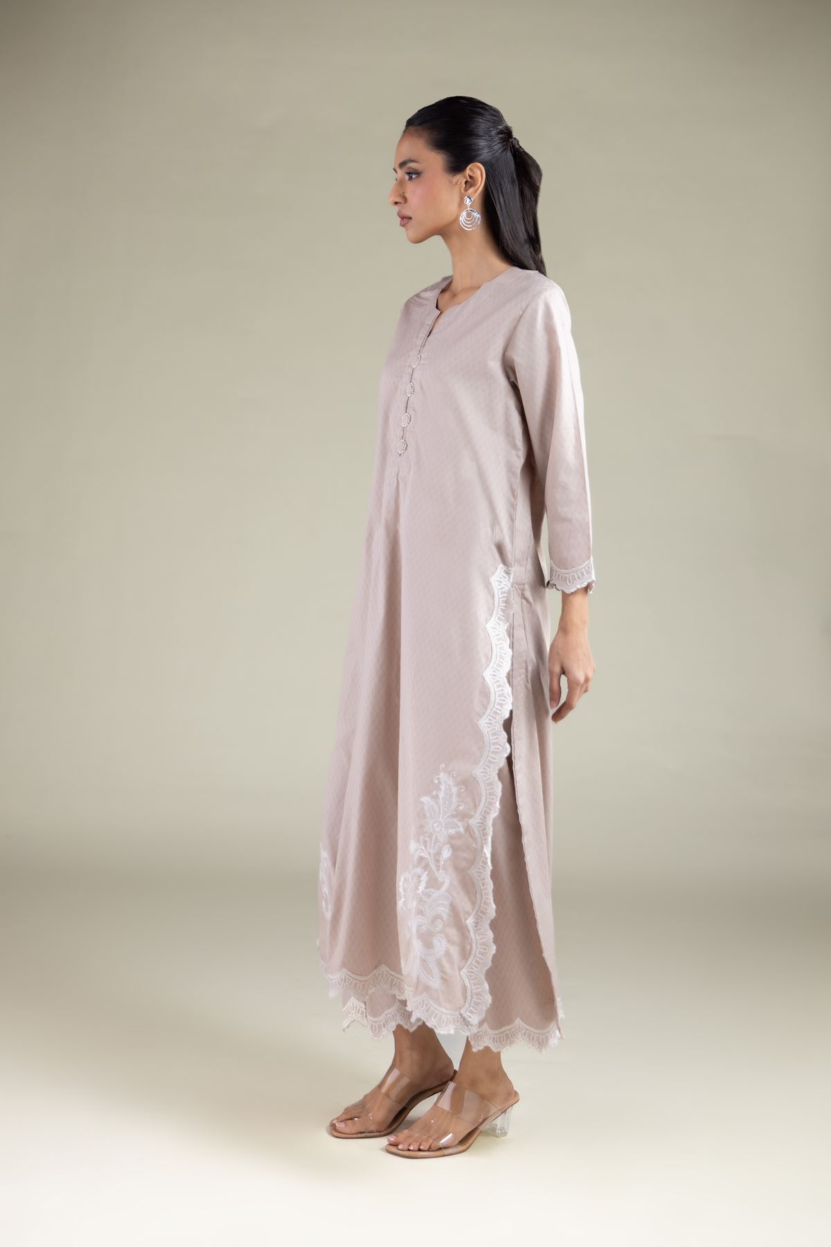 Embroidered Cotton Dobby Lace Longline Kurta - 1-26-125-A-D-VG