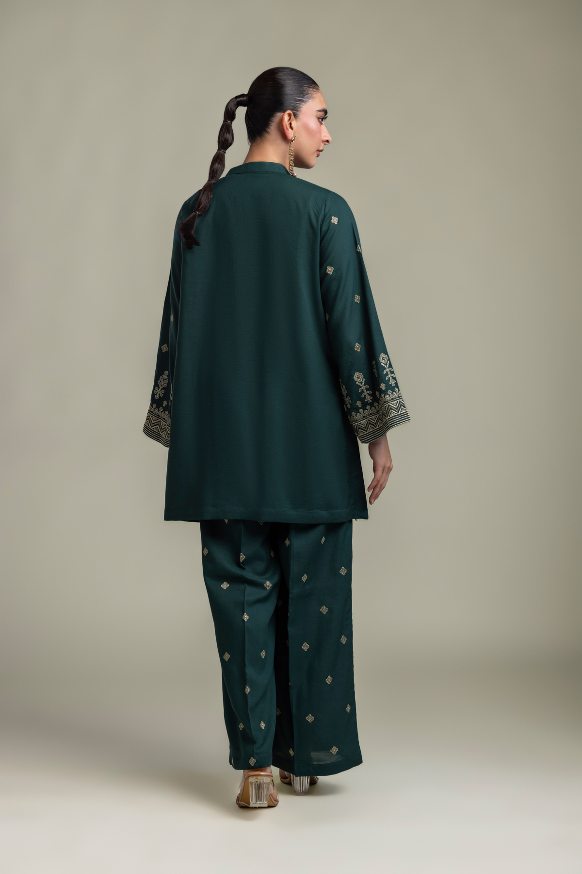 Embroidered Raw Silk Short V-Neck Kurta - 2-26-202-A-D-VG