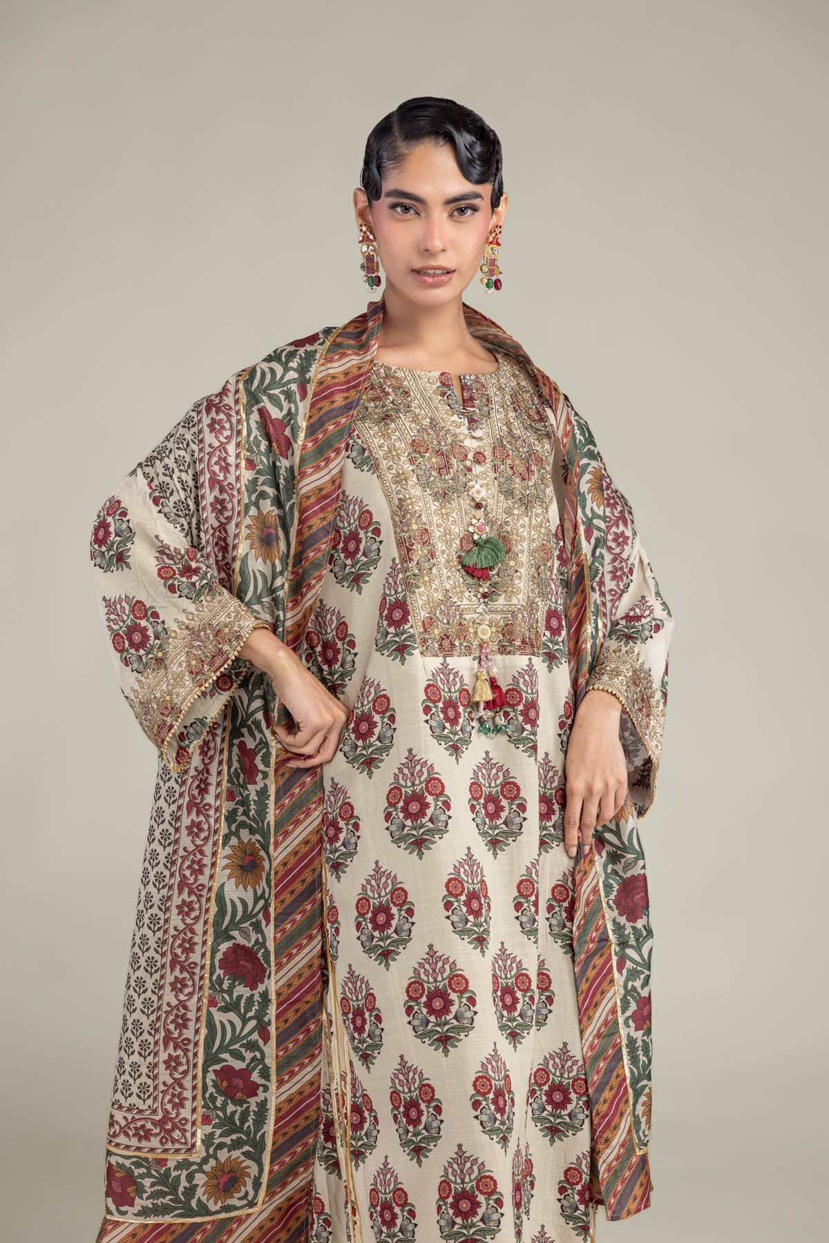 Embroidered Raw Silk Long Floral Kurta - 1-26-102-A-F-VG