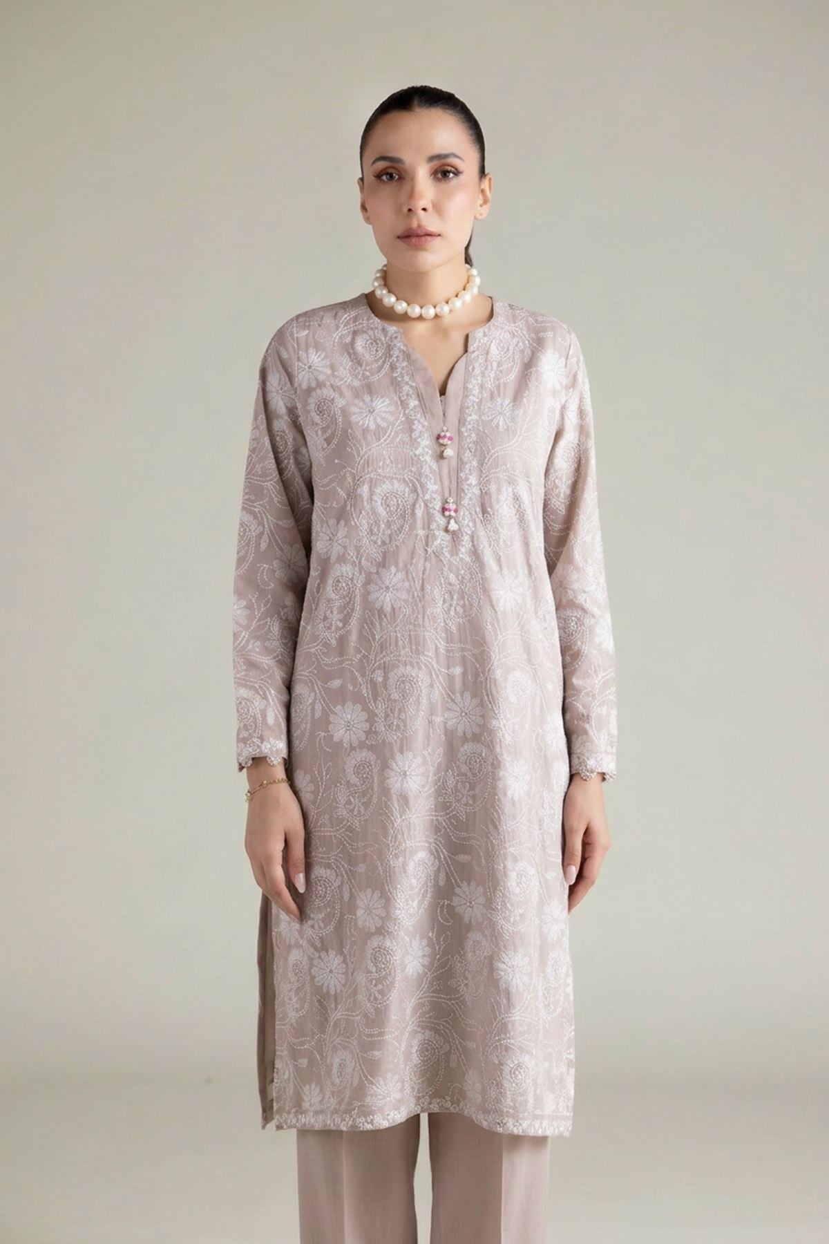 Embroidered Textured Cotton Tailored 2 Piece | Top and Bottom - T-A22-26-207FE2-VG