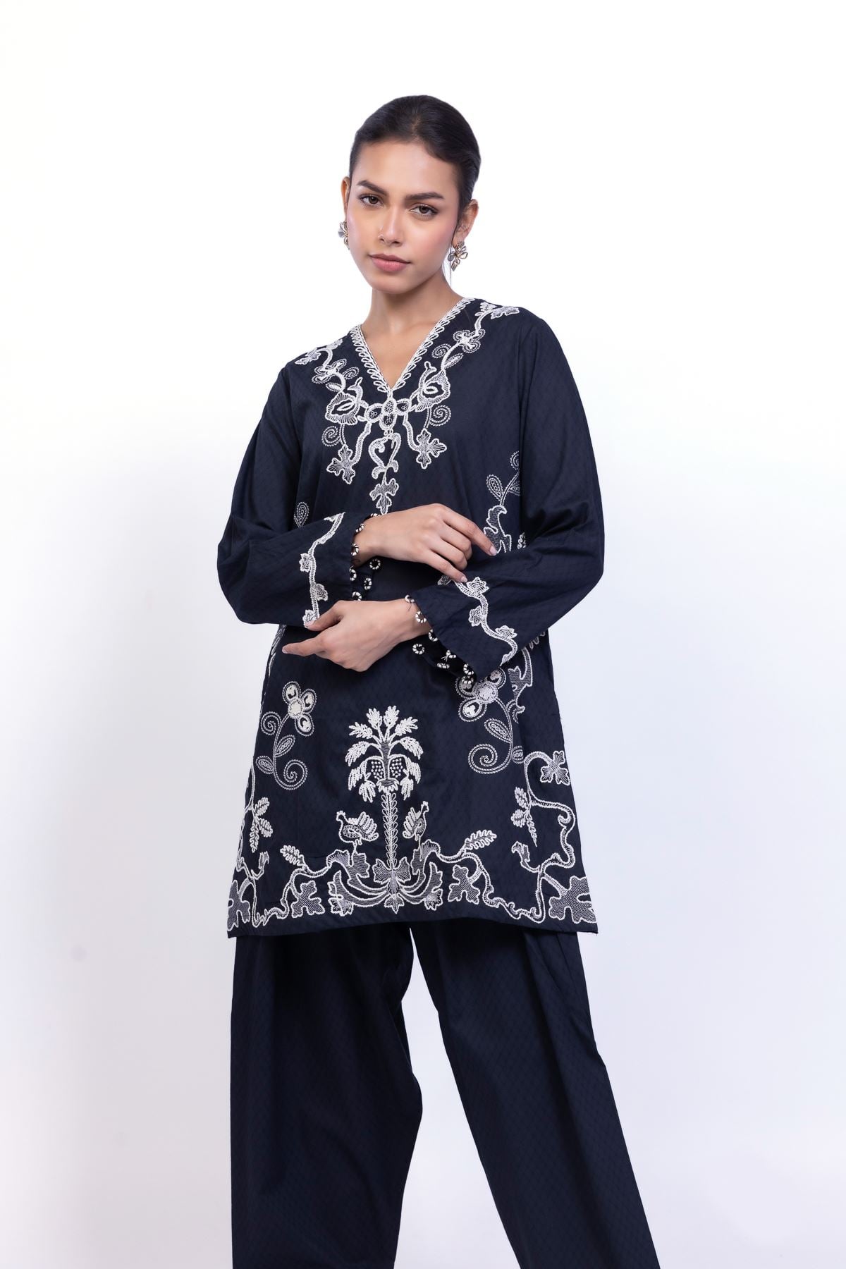 Embroidered Cotton Dobby Kurta - 2-26-101-A-D-VG