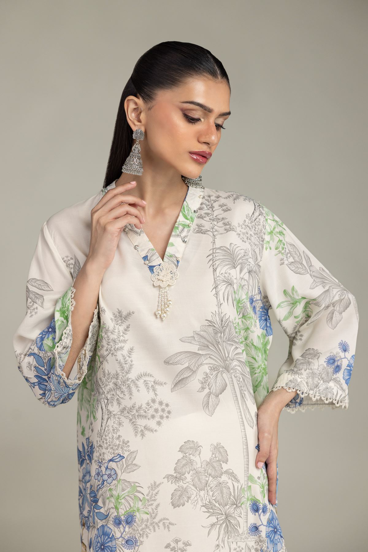 Embroidered Raw Silk Floral V-Neck Kurta - 1-26-221-A-G1-VG