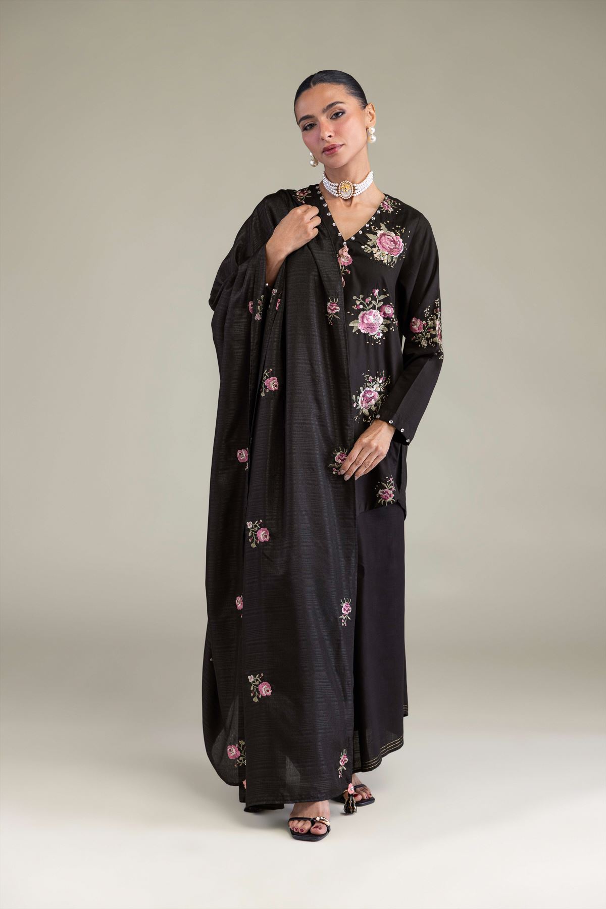 Embroidered Polyester Silk Black Floral Dupatta - 2-26-206-C-D1-VG