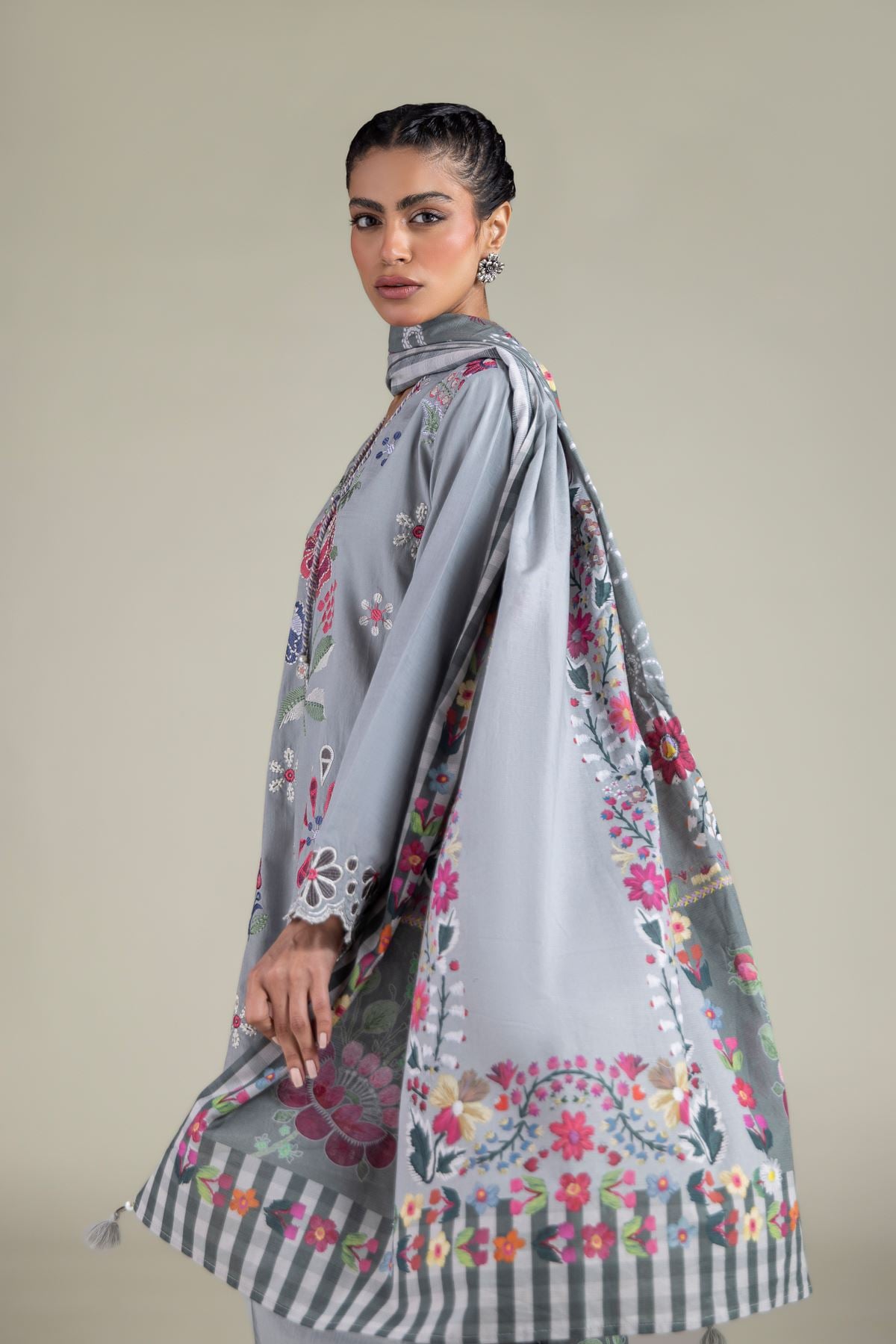Embroidered Textured Cotton Floral Dupatta - 1-26-115-C-E-VG