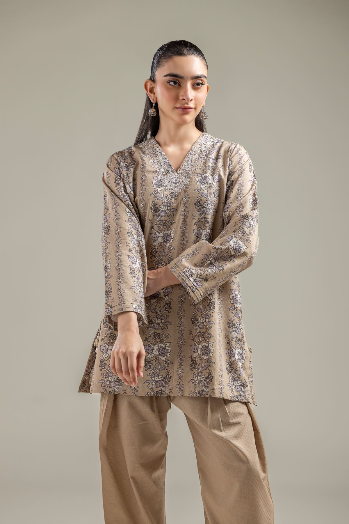 Embroidered Cotton Dobby Beige V-Neck Kurta - 1-26-142-A-B-VG
