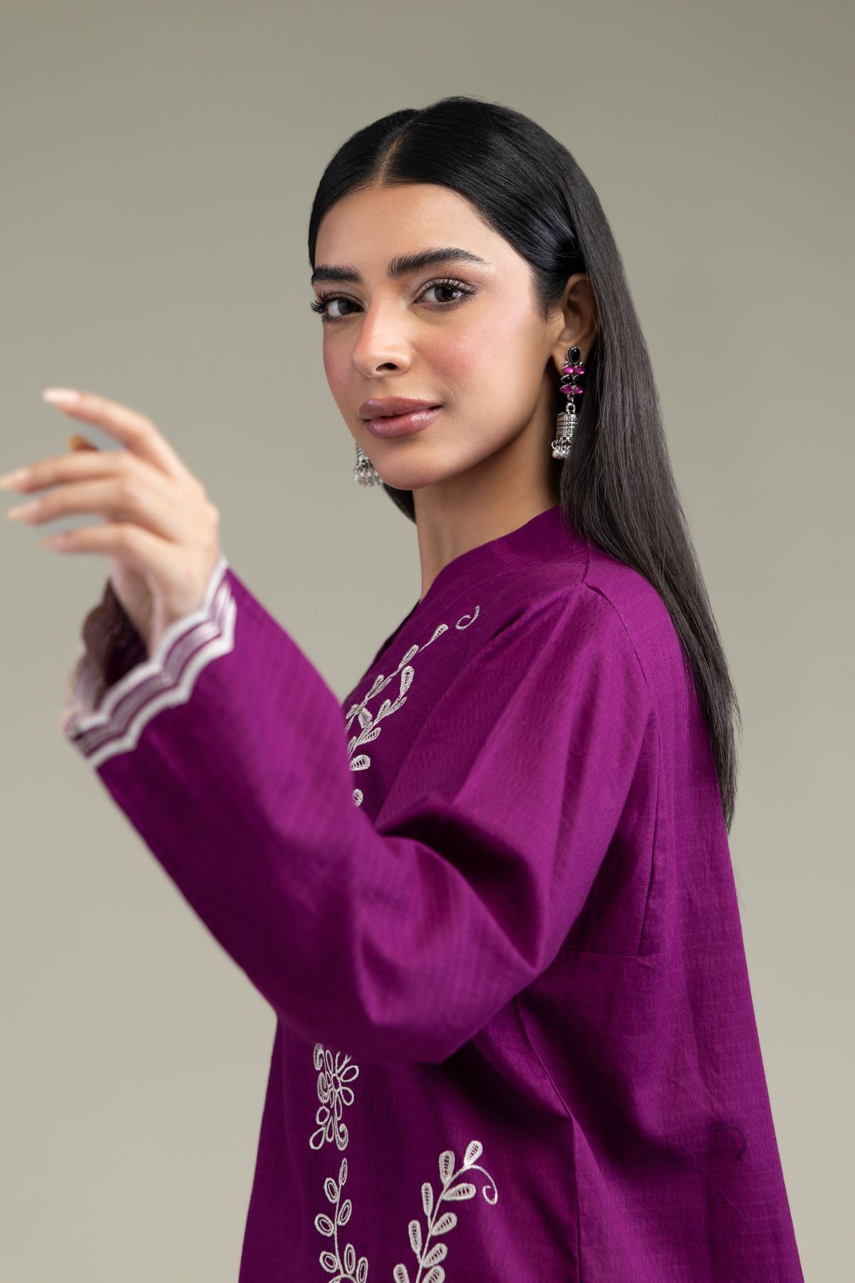 Embroidered Cotton Dobby Floral Longline Kurta - 1-26-247-B-E1-VG