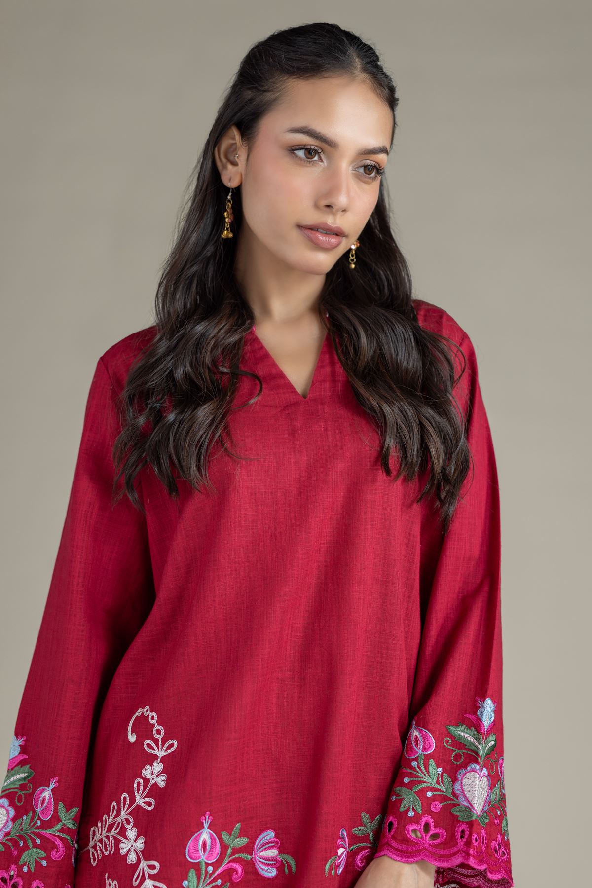 Embroidered Heavy Textured Cotton Kurta - 25-10-12E4-08TB-VG