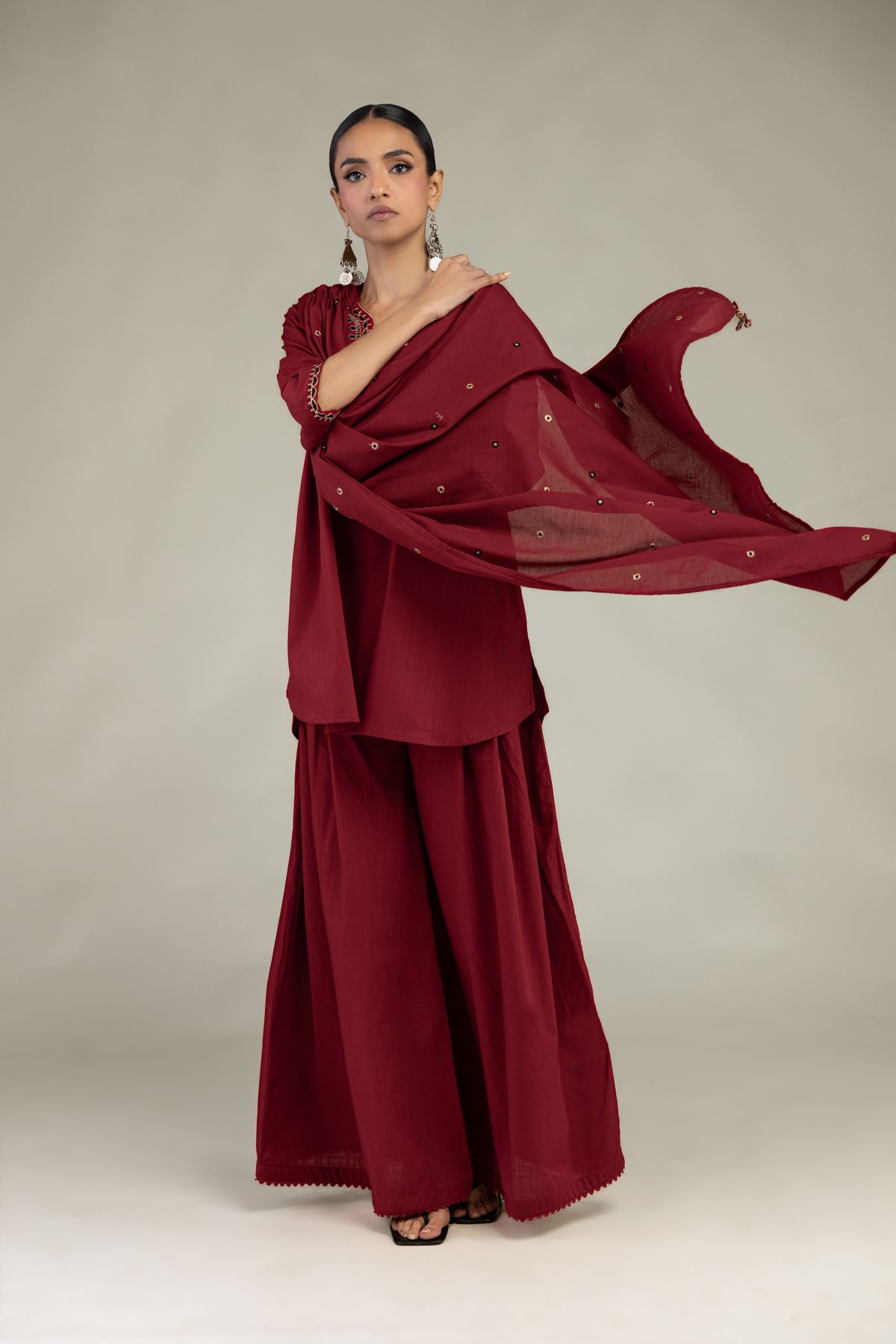 Textured Lawn Embroidered Maroon Lawn Dupatta - 1-26-226-A-F1-VG