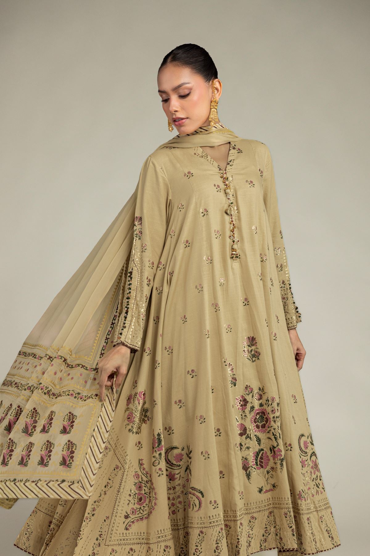 Embroidered Raw Silk 3 Piece Co-ord Set - 12-26-106-F-F-VG