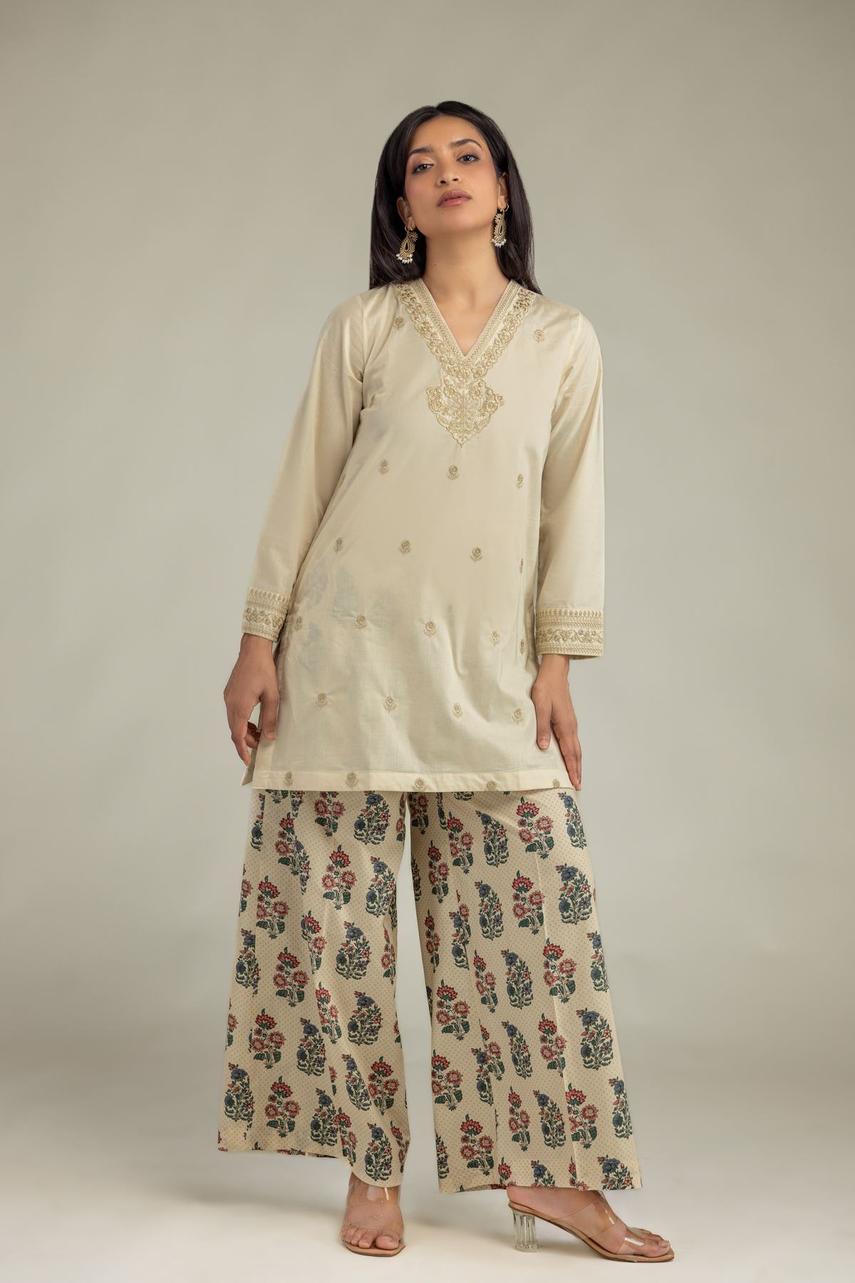 Embroidered Cambric Beige V-Neck Kurta - 8-26-303-A-C1-VG