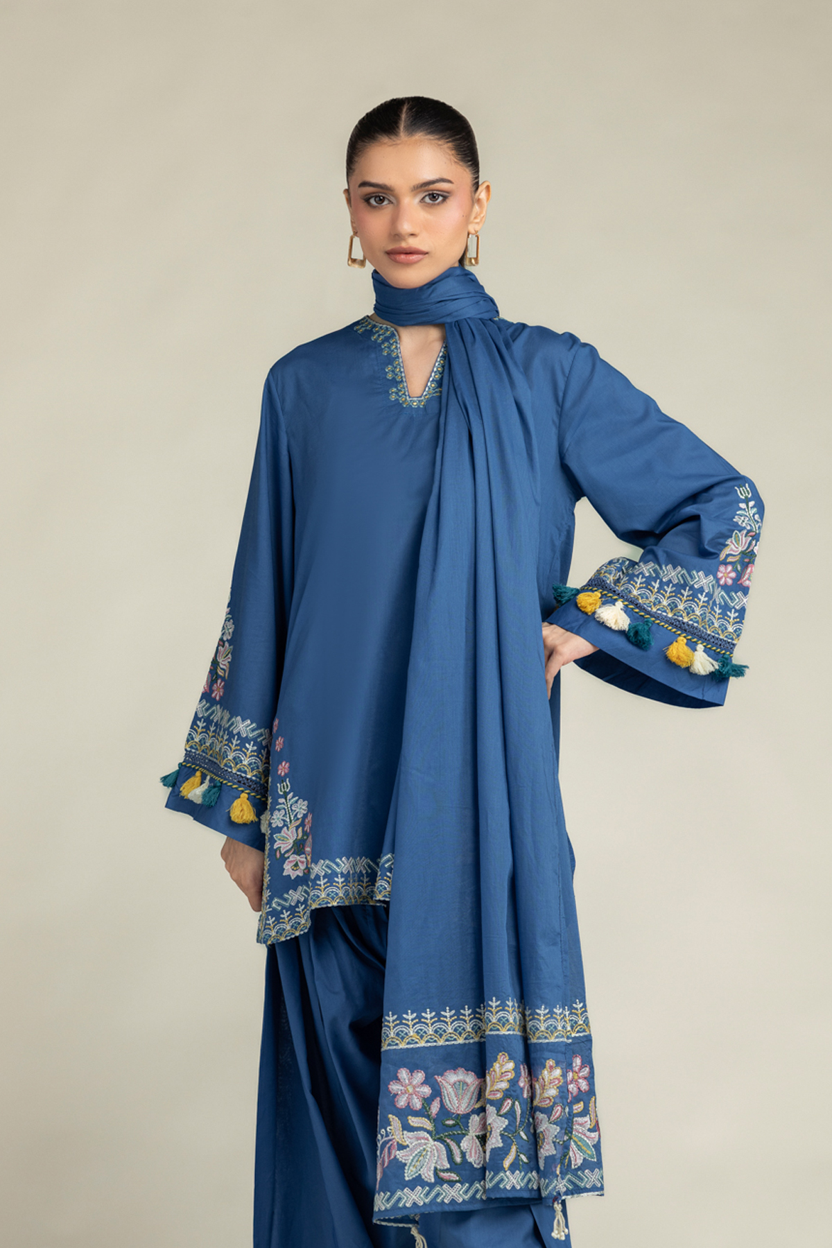 Embroidered Lawn Floral Blue Dupatta - 2-26-308-A-B1-VG