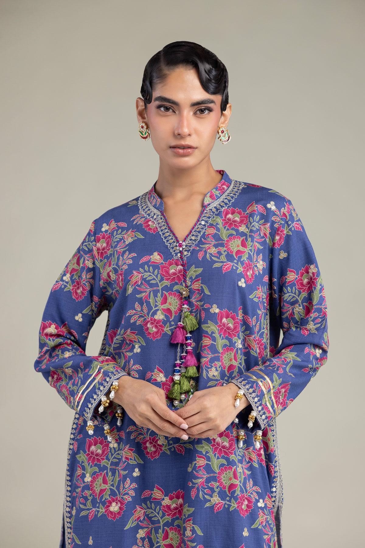 Embroidered Raw Silk Blue V-Neck Kurta - 1-26-102-A-F-VG