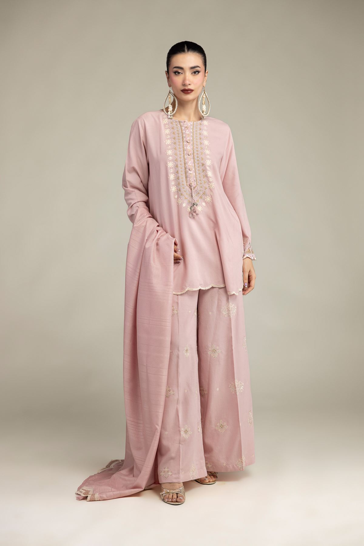 Embroidered Polyester Silk Light Pink Dupatta - 2-26-207-A-B1-VG