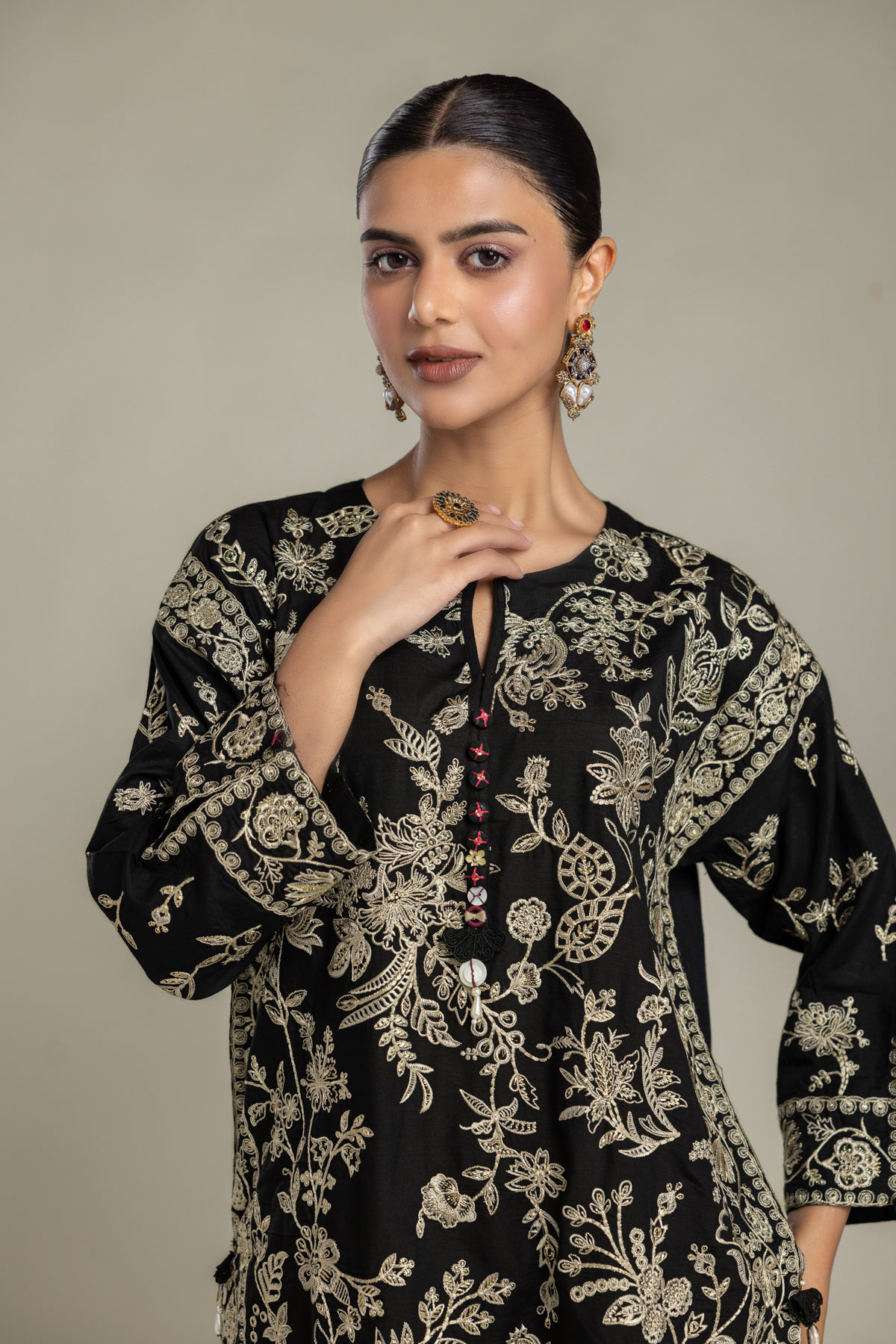 Embroidered Raw Silk Black Floral Kurta - 2-26-202-A-D-VG