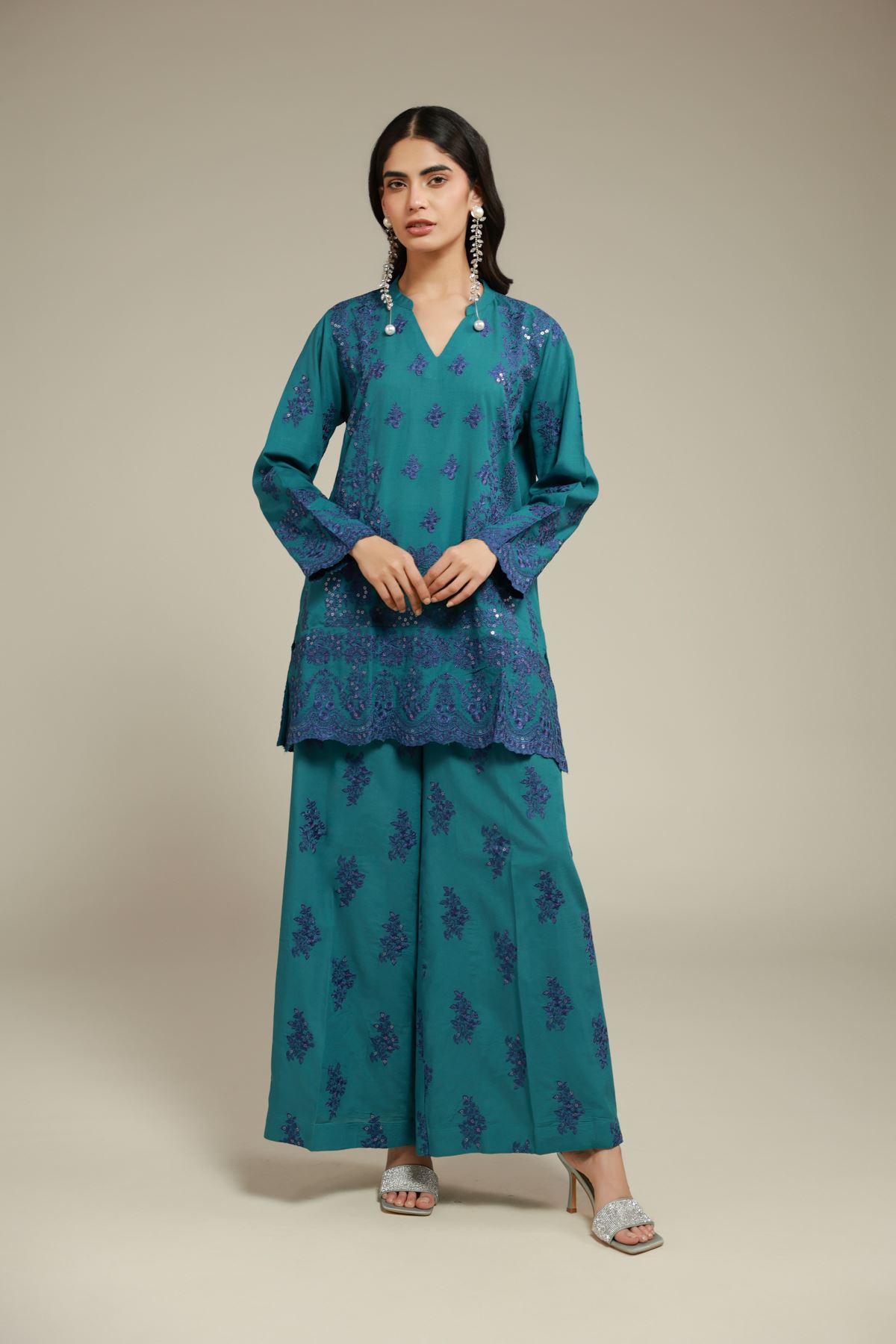Embroidered Raw Silk Pants - 25-12-12S4-06TA-VG