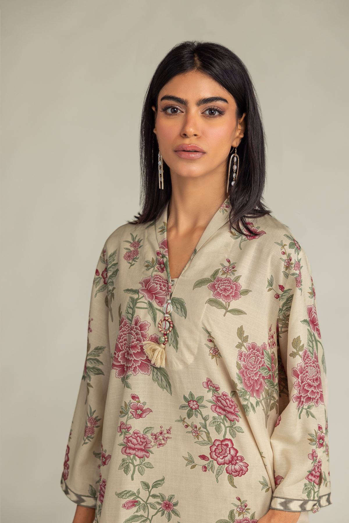 Printed Raw Silk Floral Longline Kurta - 1-26-102-A-F-VG