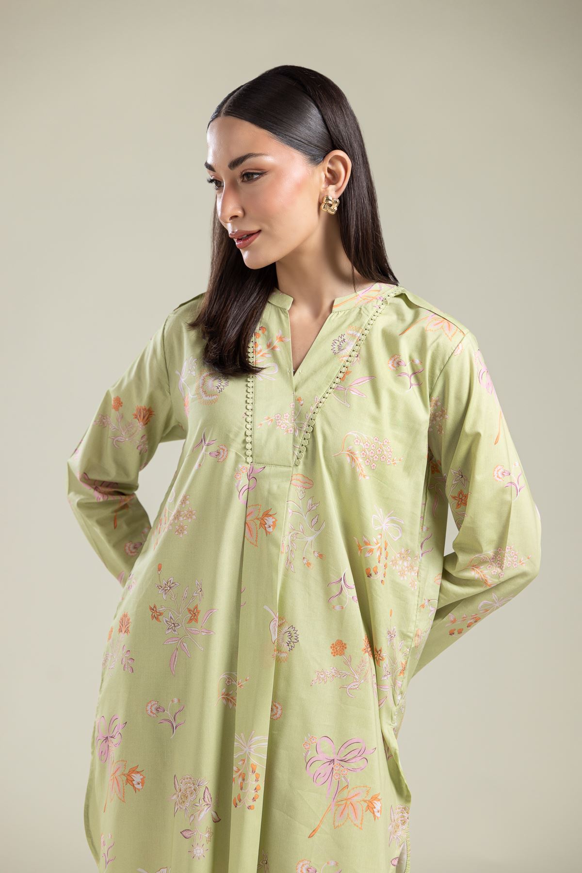 Printed Cotton Viscose Floral V-Neck Kurta - 1-26-135-A-D-VG
