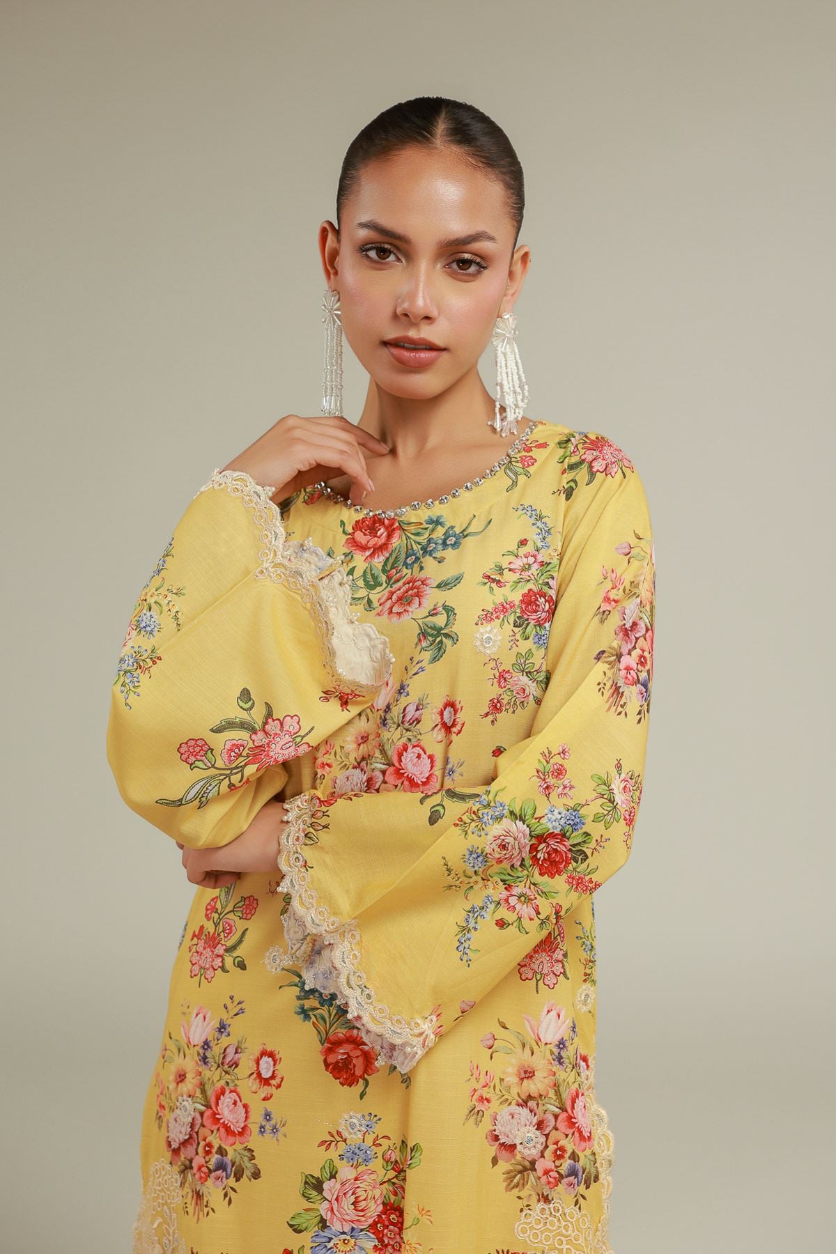 Embroidered Raw Silk Floral Lace Kurta - 2-26-104-A-E-VG