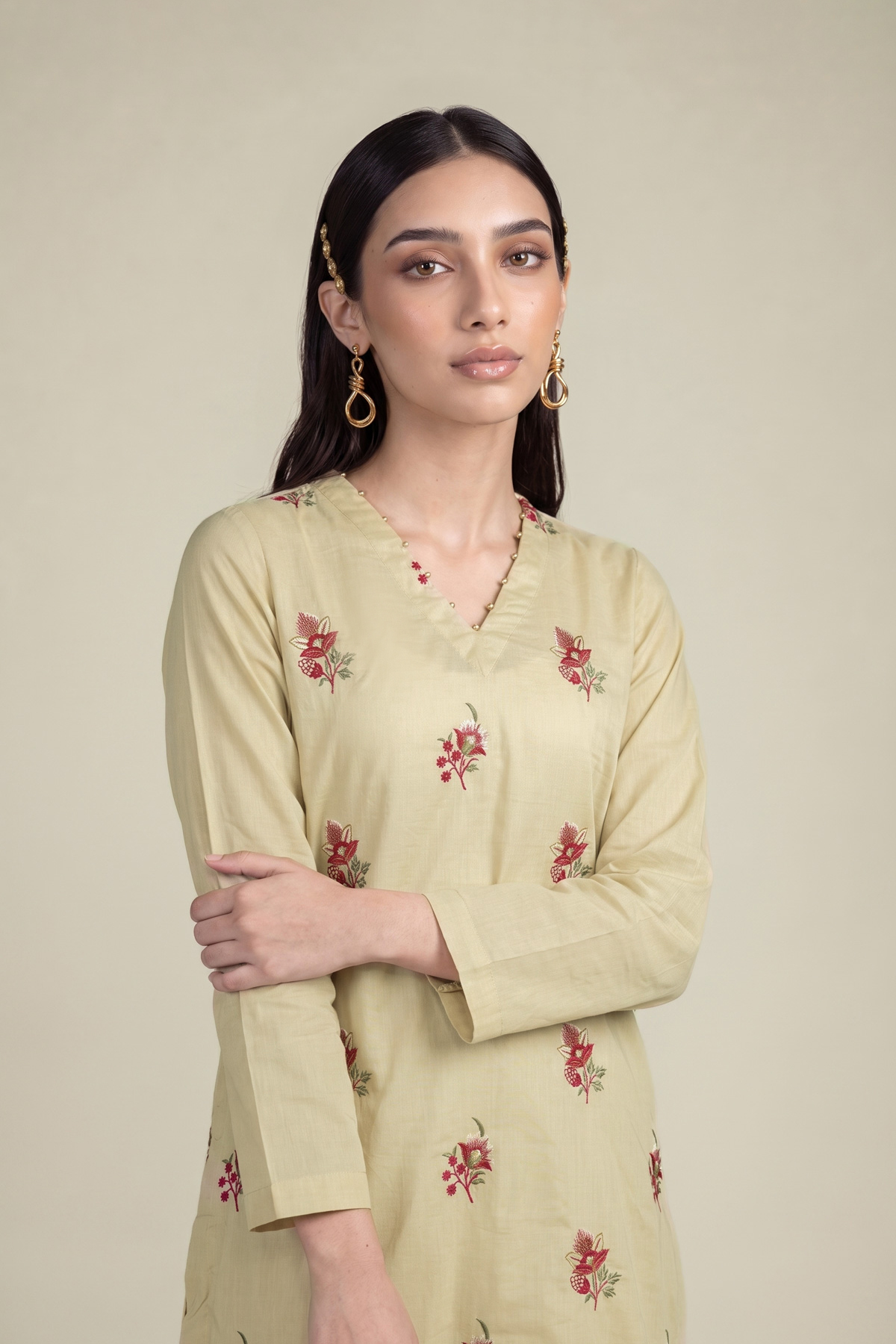 Embroidered Cambric Beige Cambric Kurta - 1-26-102-A-F-VG