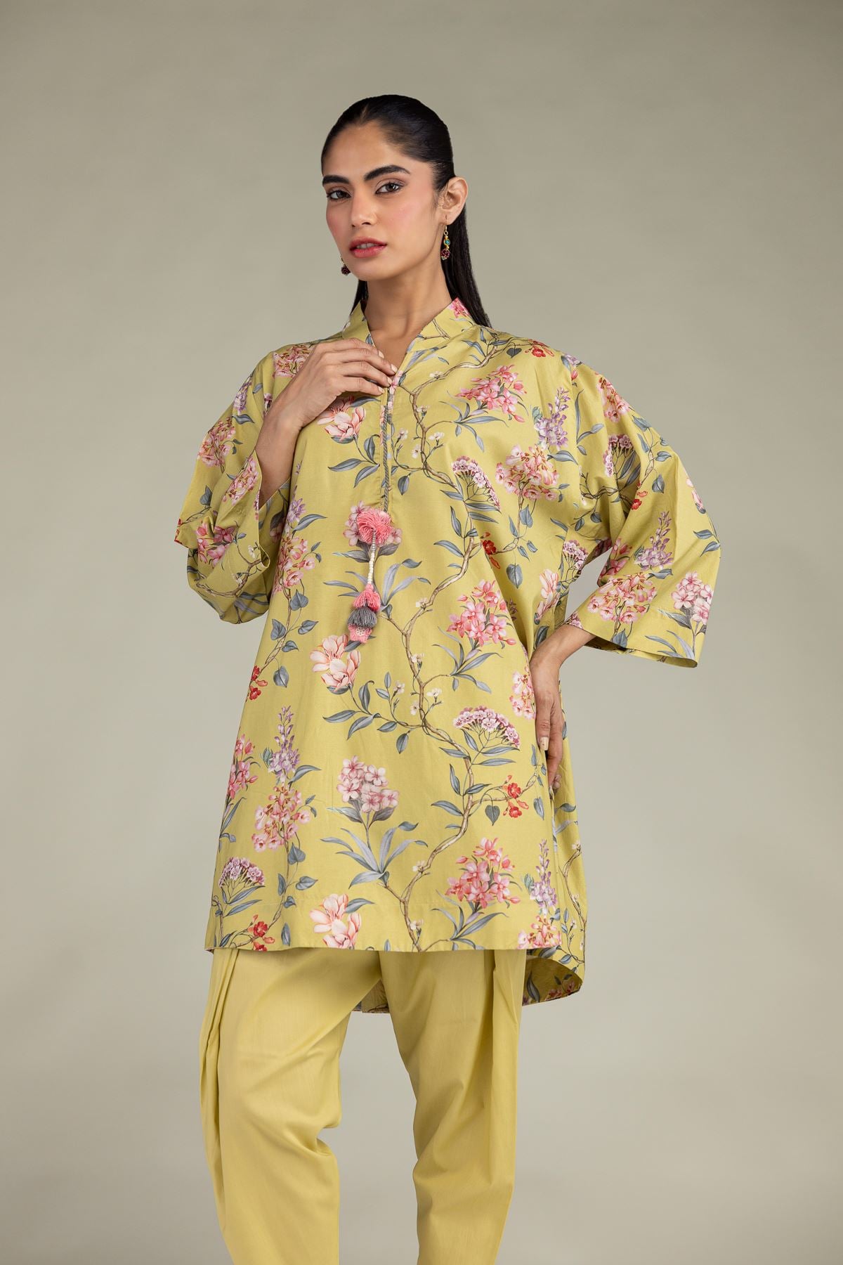 Printed Cotton Viscose Floral V-Neck Kurta - 2-26-304-B-D1-VG