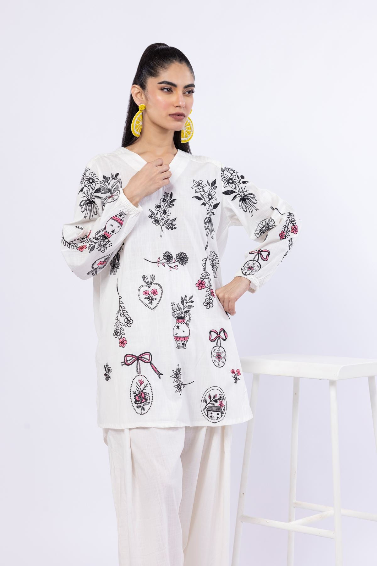 Embroidered Crosshatch Poplin Kurta - 25-04E43-01TB-VG