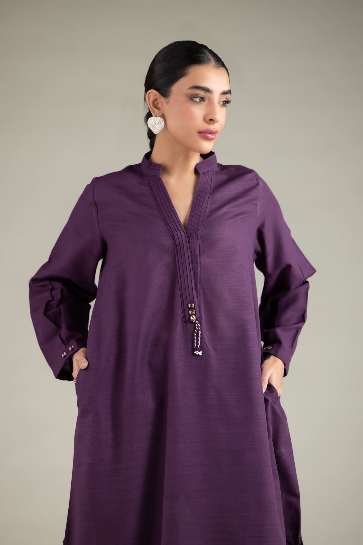 Dyed Textured Cotton Long V-Neck Kurta - 1-26-129-A-E-VG