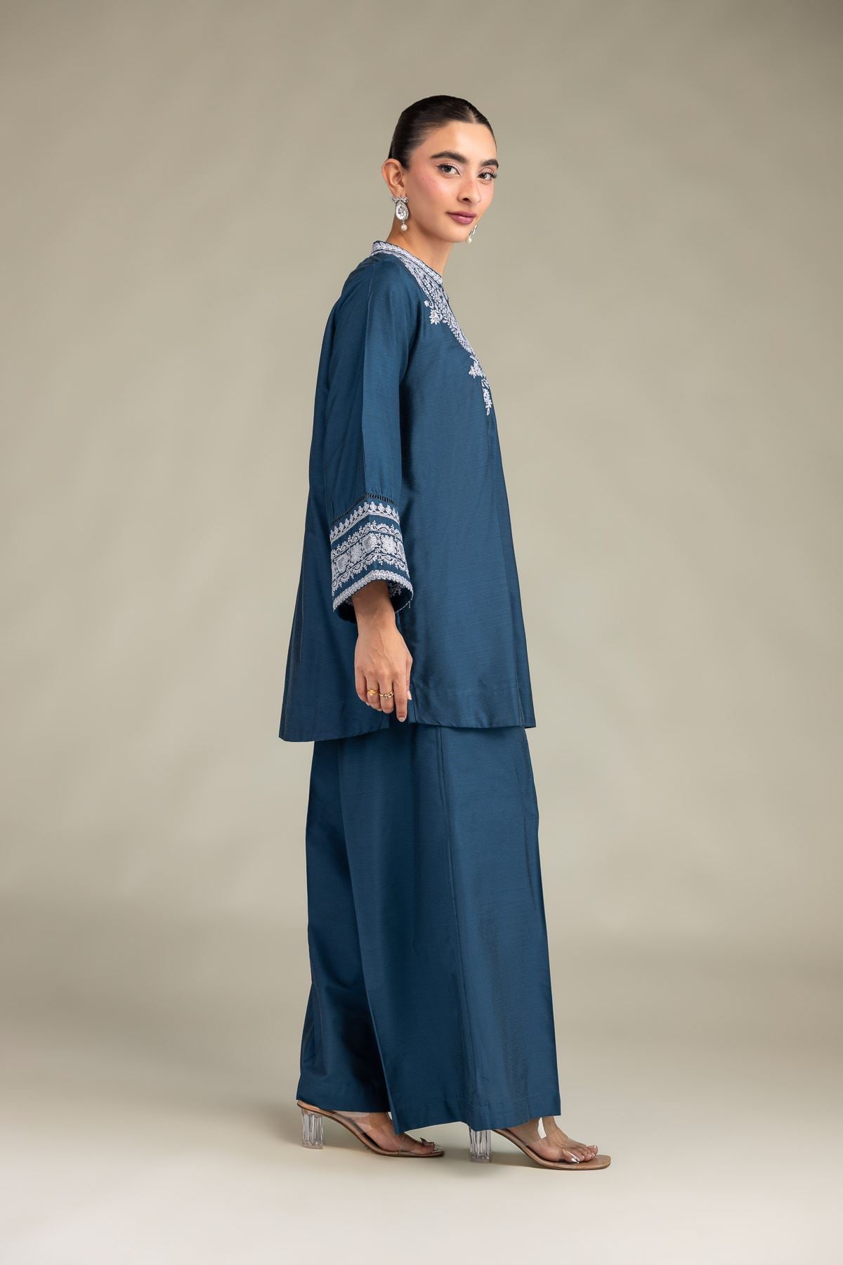 Printed Raw Silk Solid Teal Pants - 1-26-102-A-F-VG